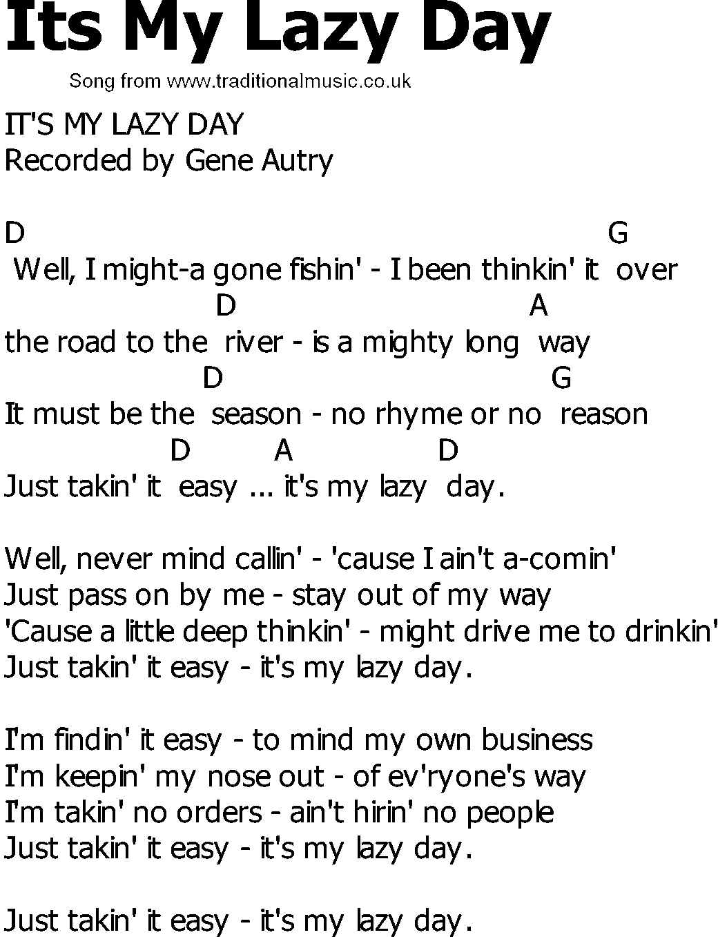Old Country song lyrics with chords - Its My Lazy Day