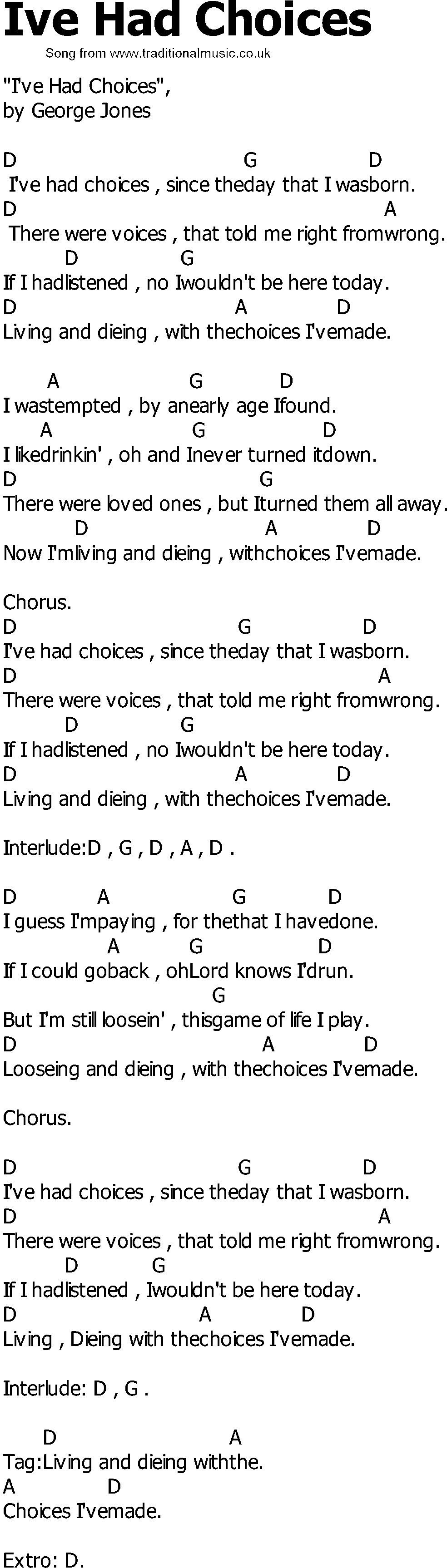 Old Country song lyrics with chords - Ive Had Choices