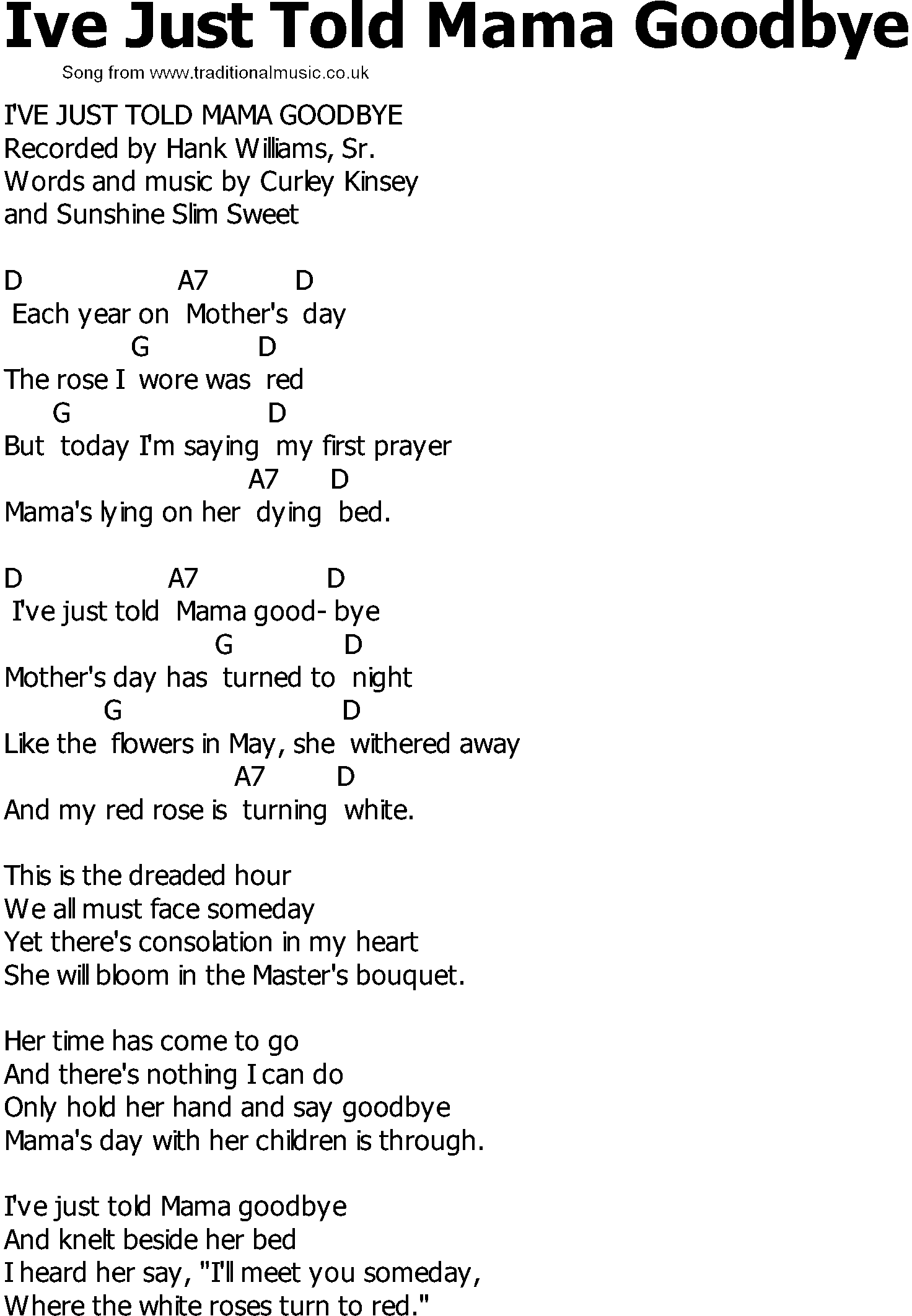 Old Country song lyrics with chords - Ive Just Told Mama Goodbye