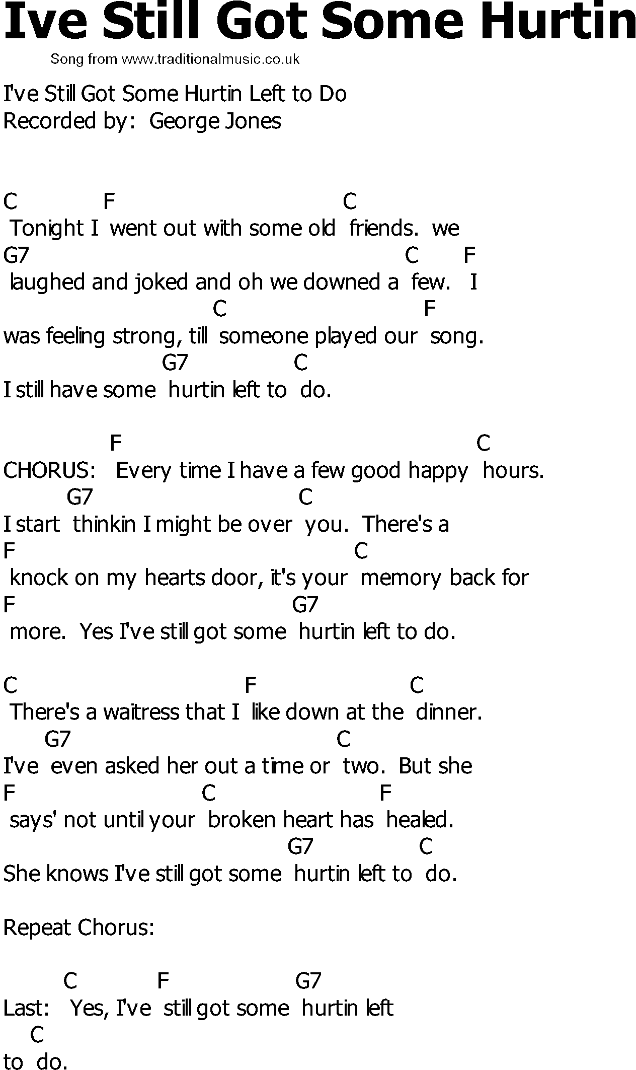 Old Country song lyrics with chords - Ive Still Got Some Hurtin