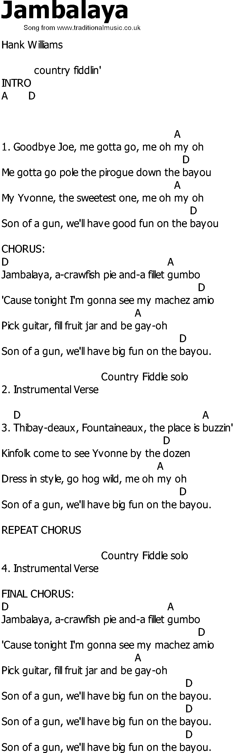Old Country song lyrics with chords - Jambalaya