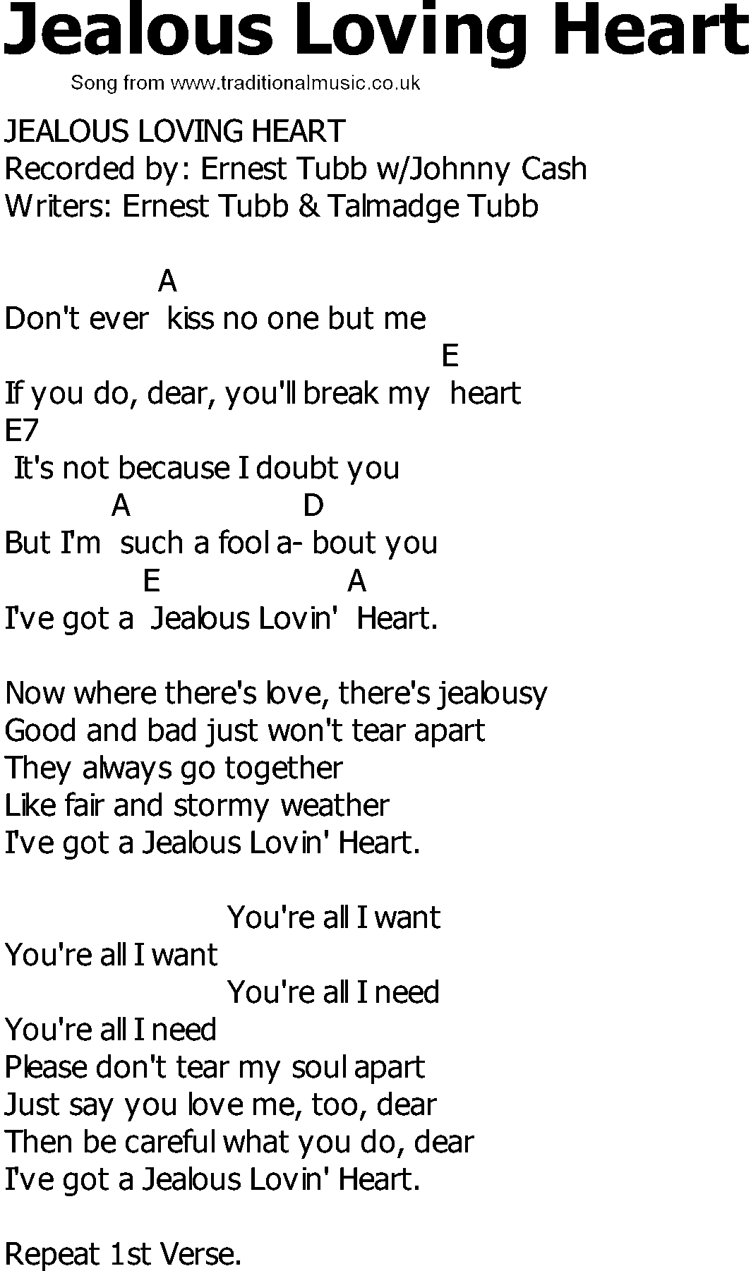 Old Country song lyrics with chords - Jealous Loving Heart