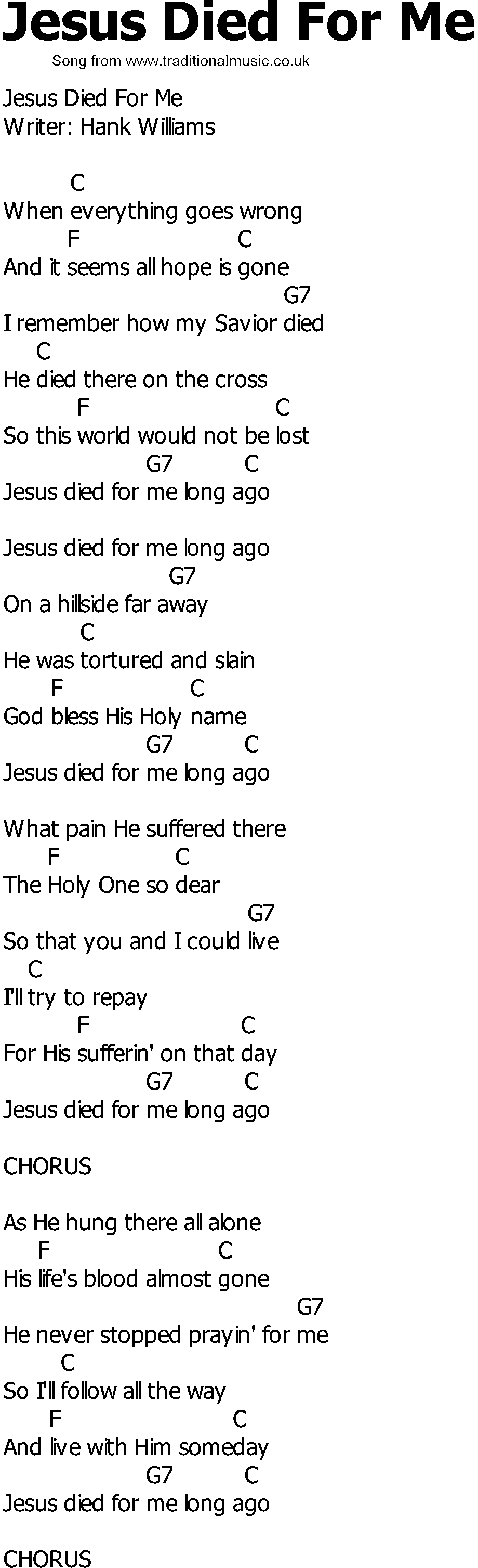 Old Country song lyrics with chords - Jesus Died For Me
