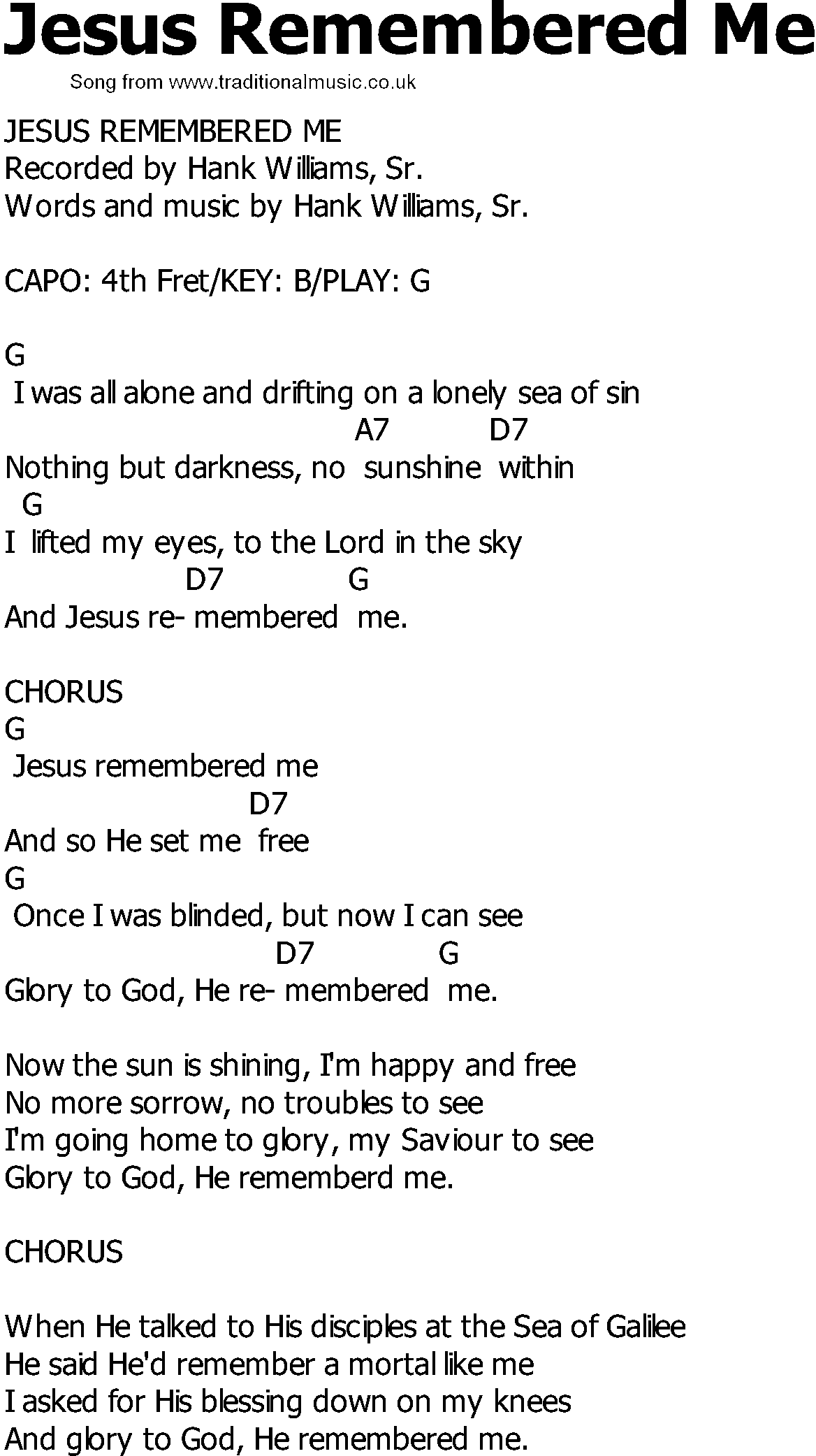 Old Country song lyrics with chords - Jesus Remembered Me