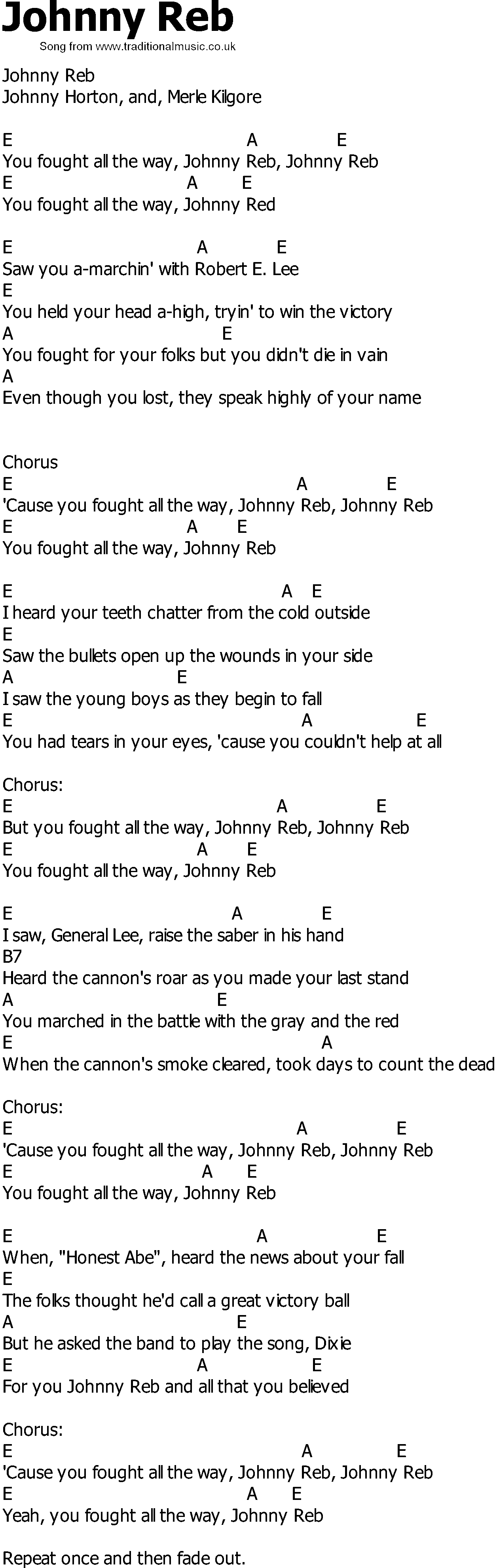 Old Country song lyrics with chords - Johnny Reb