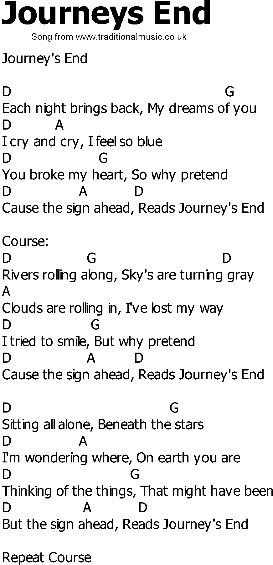 Old Country song lyrics with chords - Journeys End