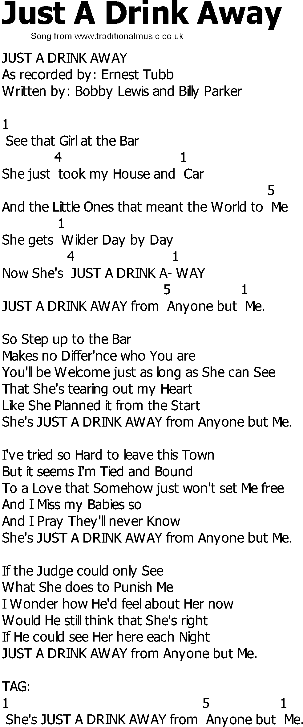 Old Country song lyrics with chords - Just A Drink Away