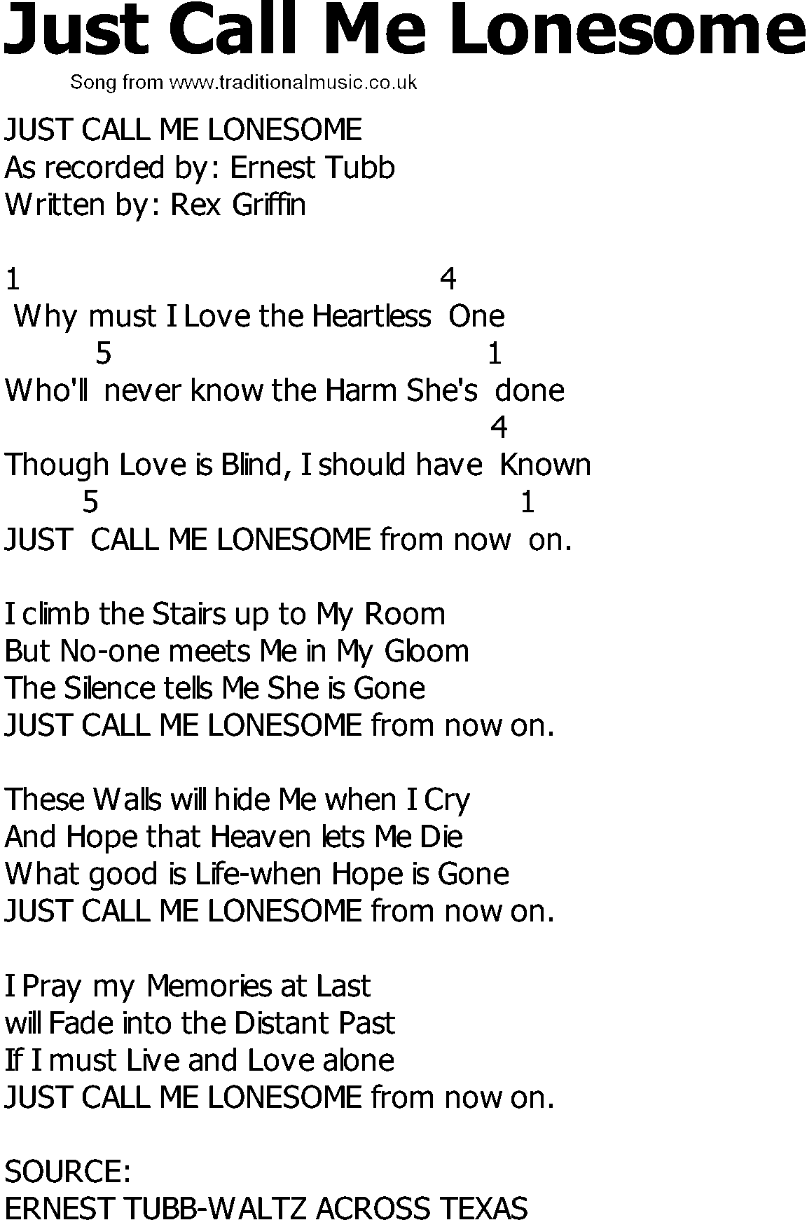 Old Country song lyrics with chords - Just Call Me Lonesome