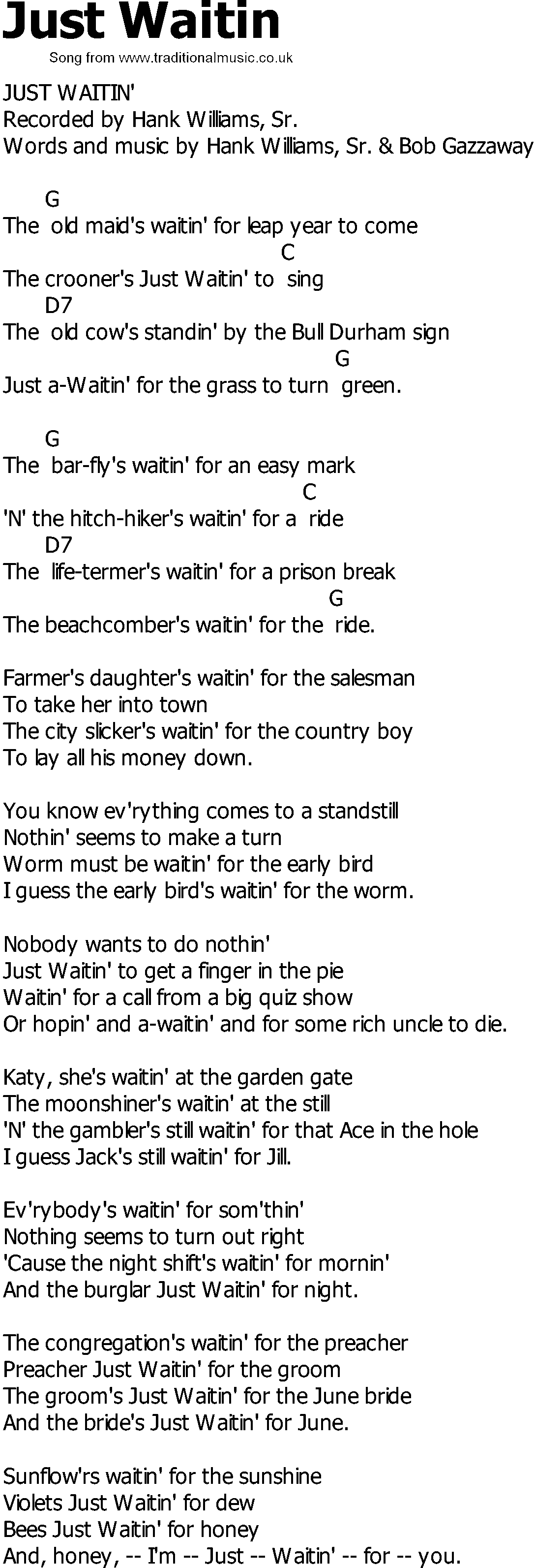 Old Country song lyrics with chords - Just Waitin