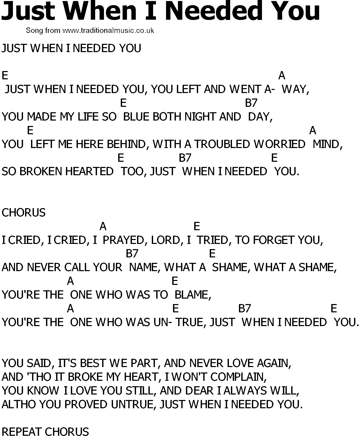 Old Country song lyrics with chords - Just When I Needed You