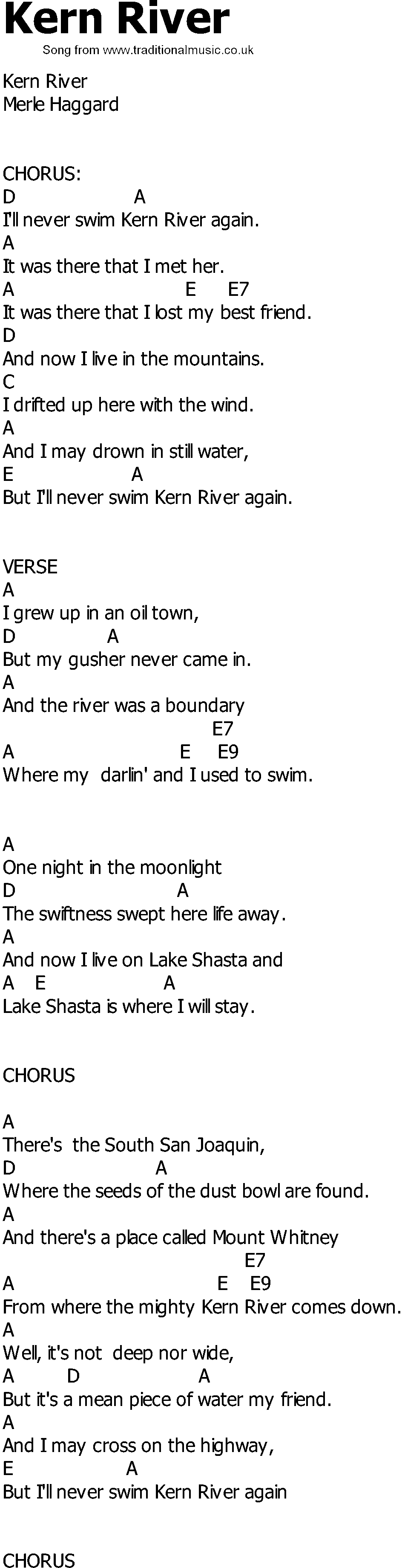 Old Country song lyrics with chords - Kern River