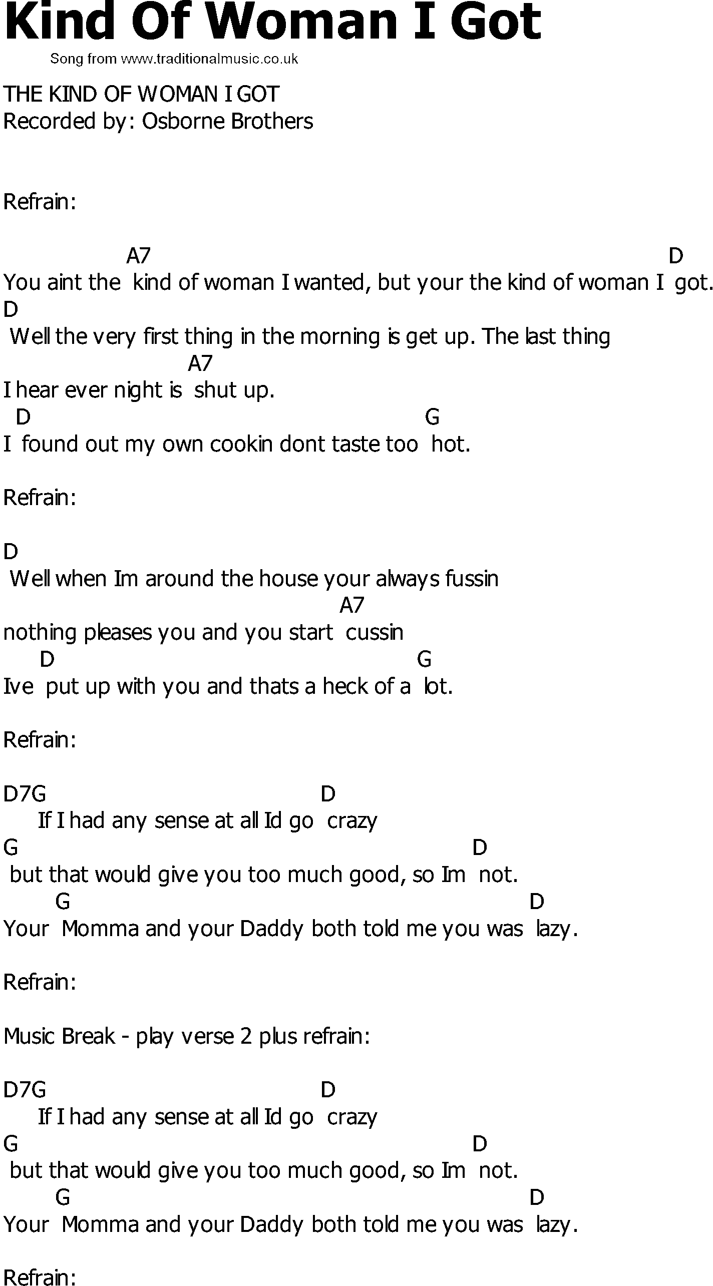 Old Country song lyrics with chords - Kind Of Woman I Got