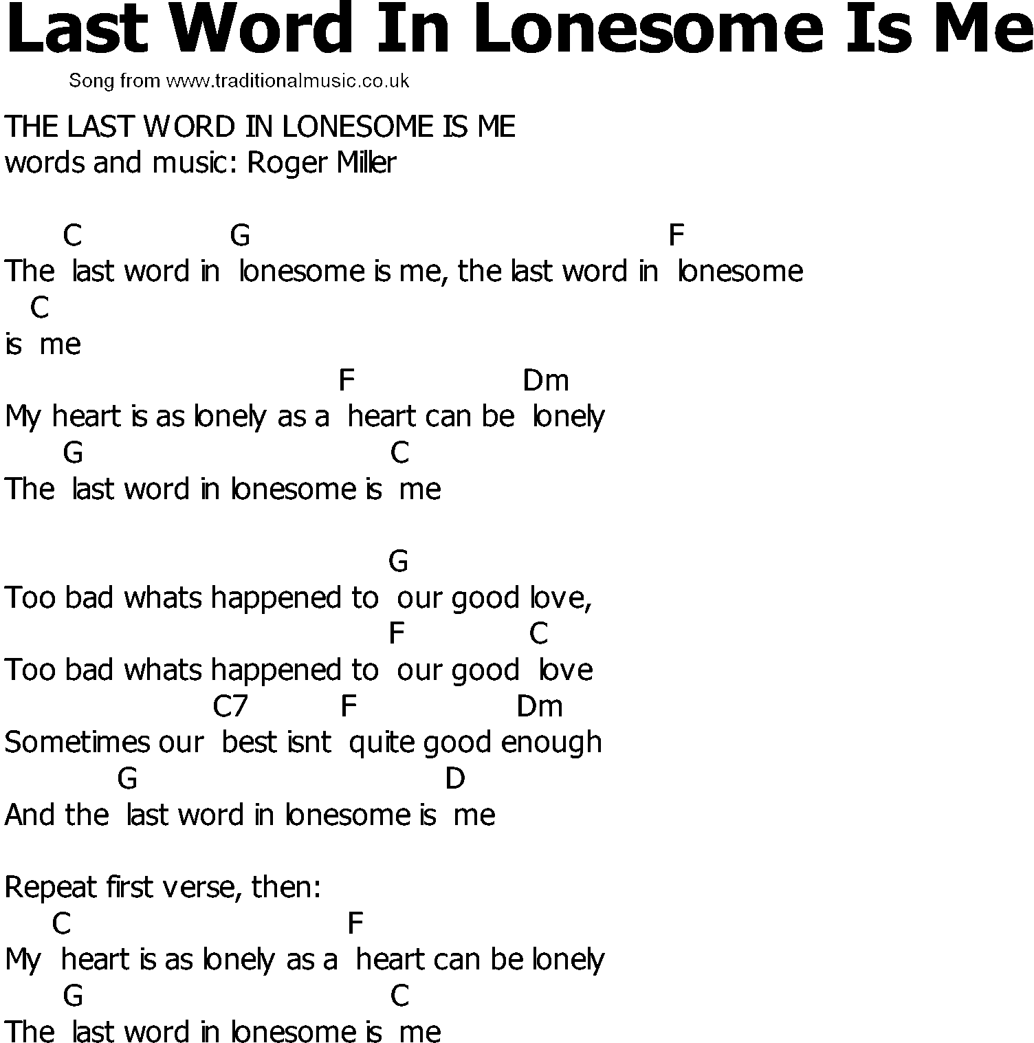 Old Country song lyrics with chords - Last Word In Lonesome Is Me