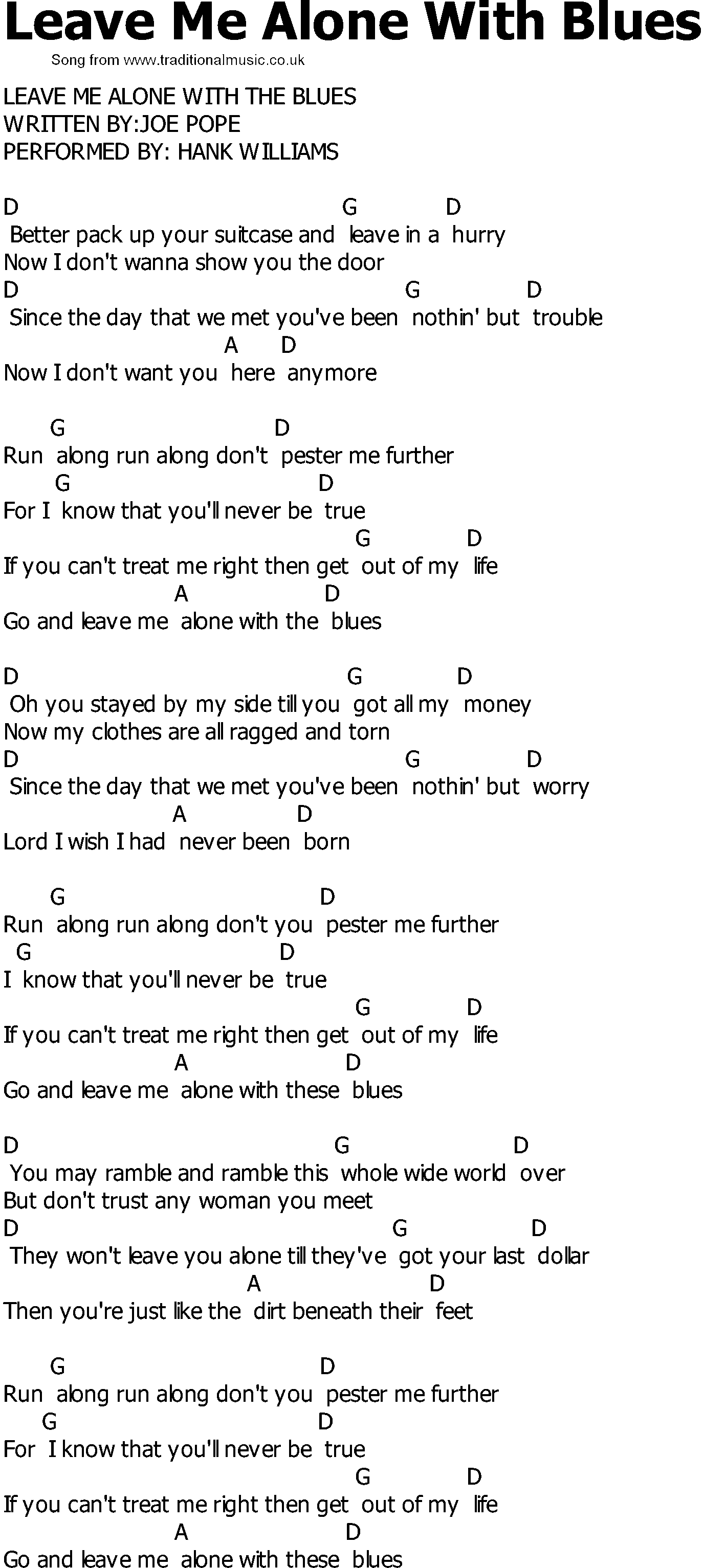 Old Country song lyrics with chords - Leave Me Alone With Blues