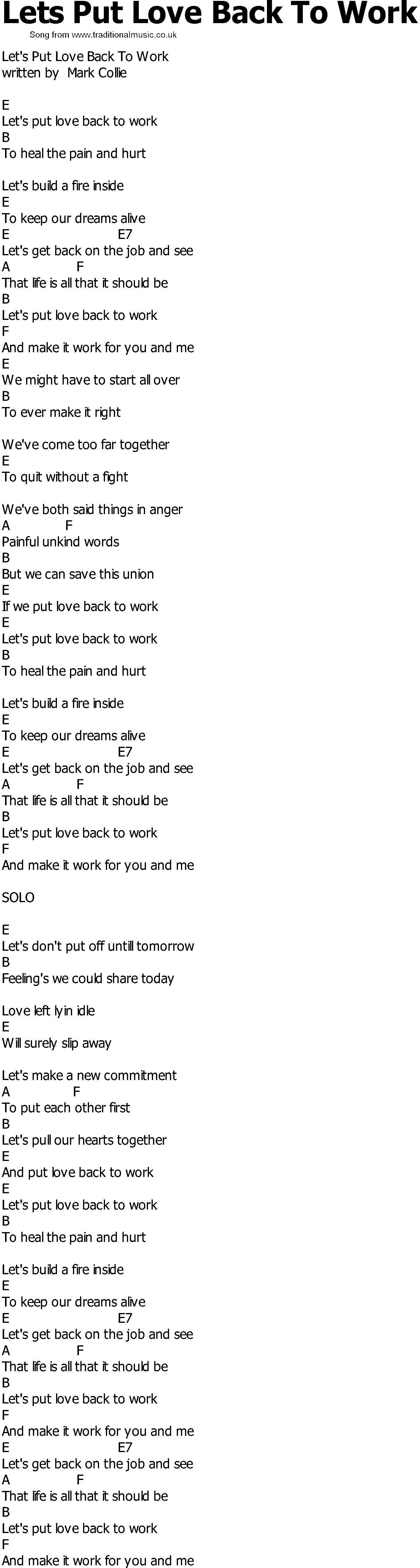 Old Country song lyrics with chords - Lets Put Love Back To Work