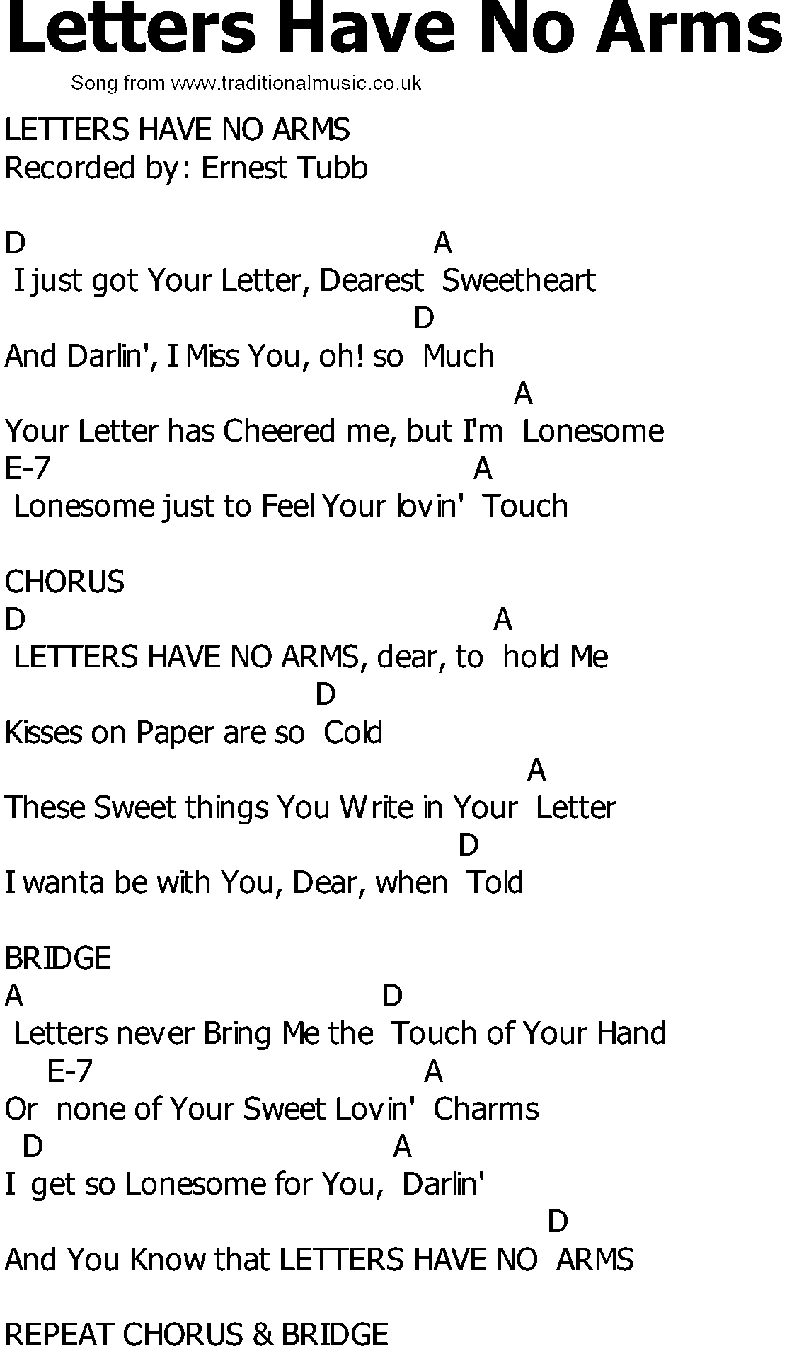 Old Country song lyrics with chords - Letters Have No Arms