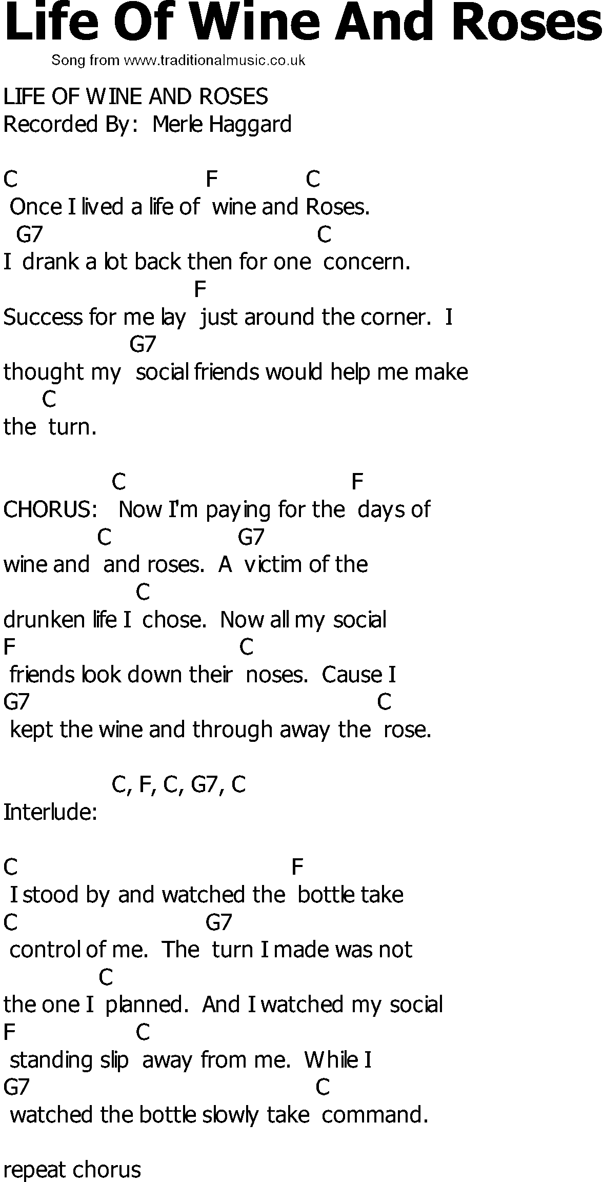Old Country song lyrics with chords - Life Of Wine And Roses
