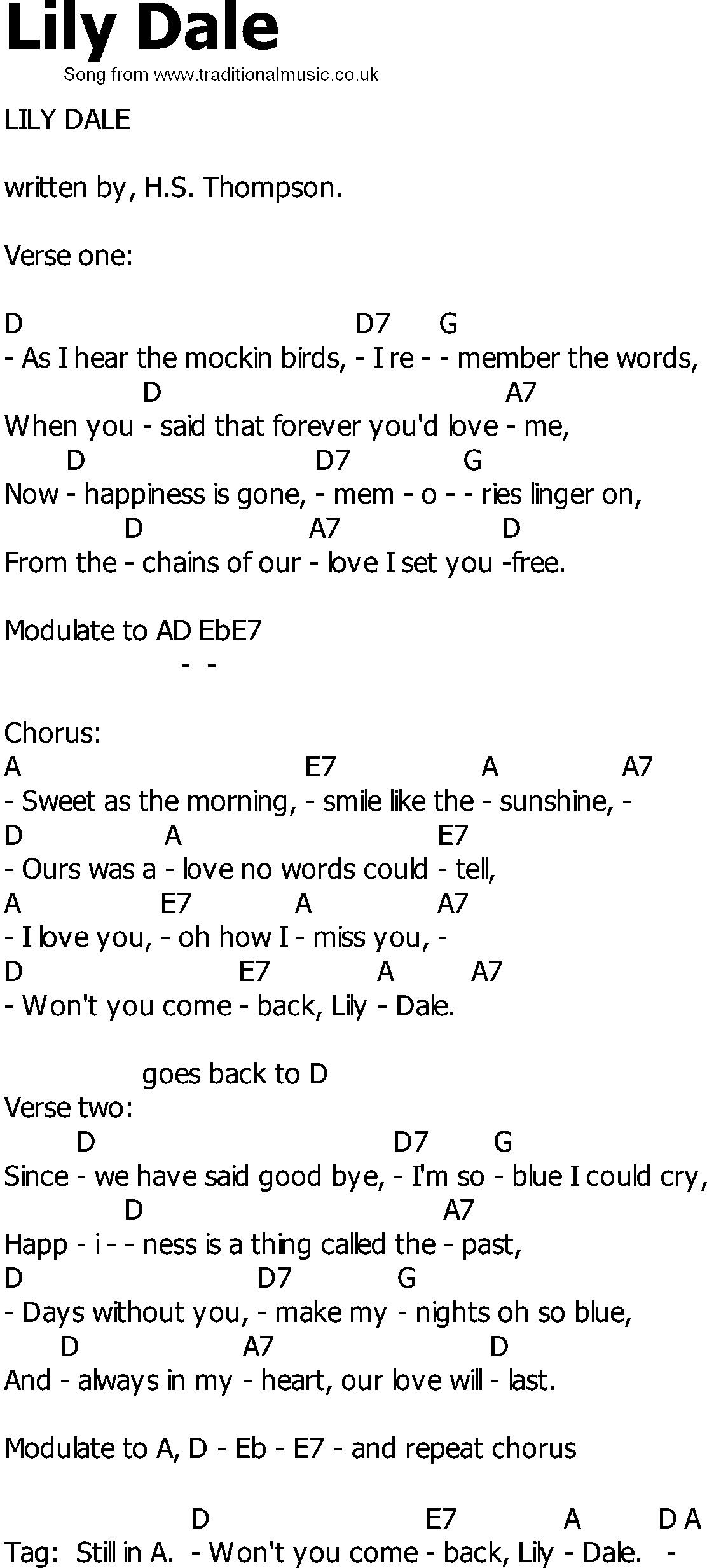 Old Country song lyrics with chords - Lily Dale