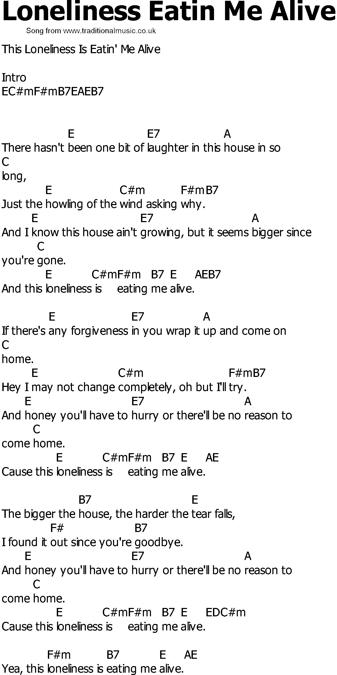Old Country song lyrics with chords - Loneliness Eatin Me Alive