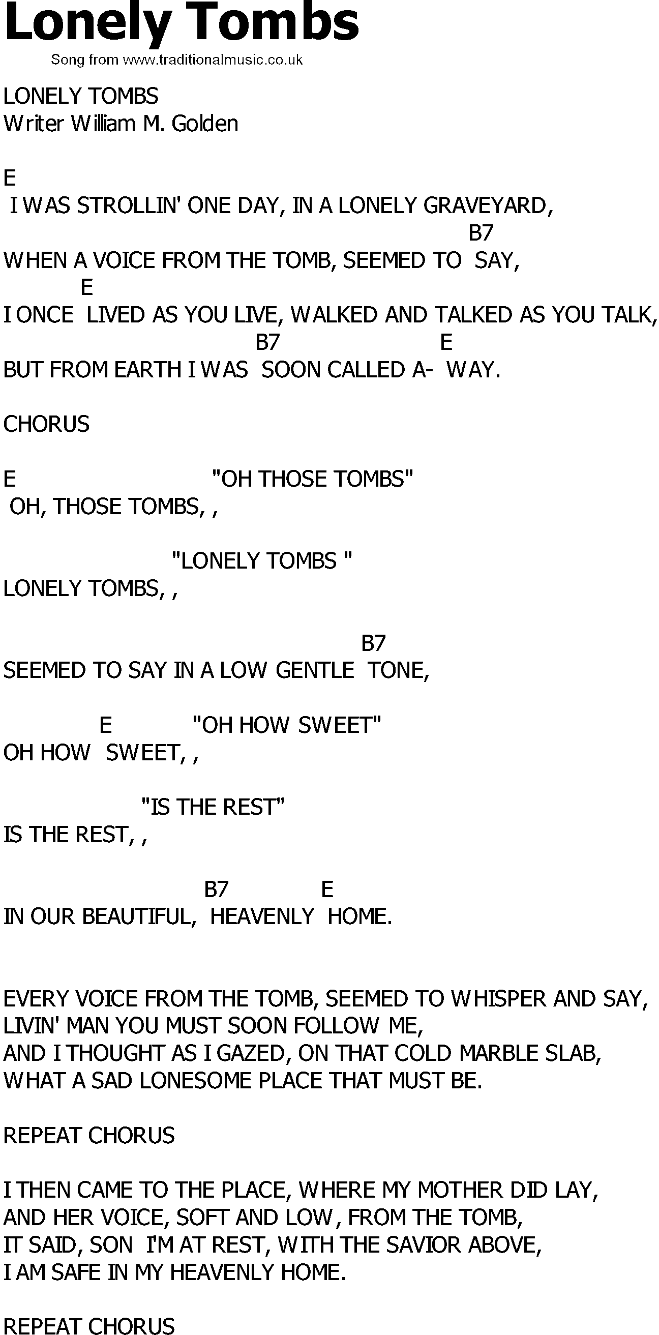 Old Country song lyrics with chords - Lonely Tombs