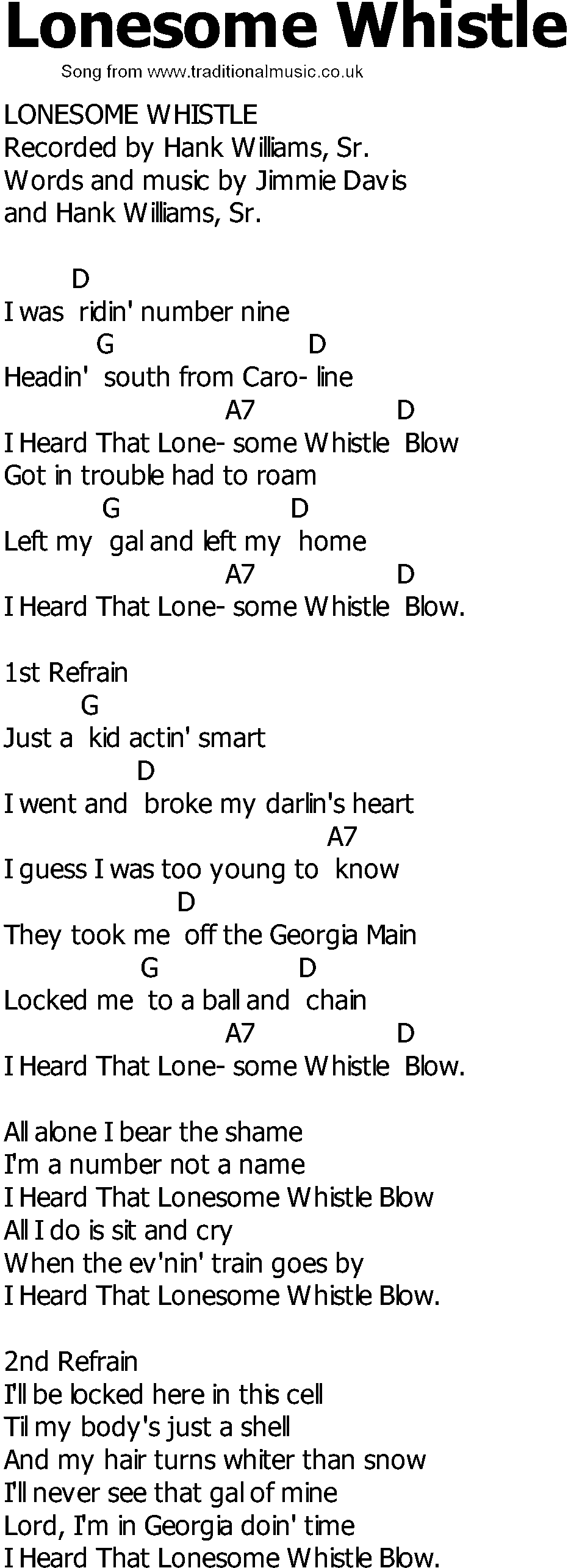 Old Country song lyrics with chords - Lonesome Whistle