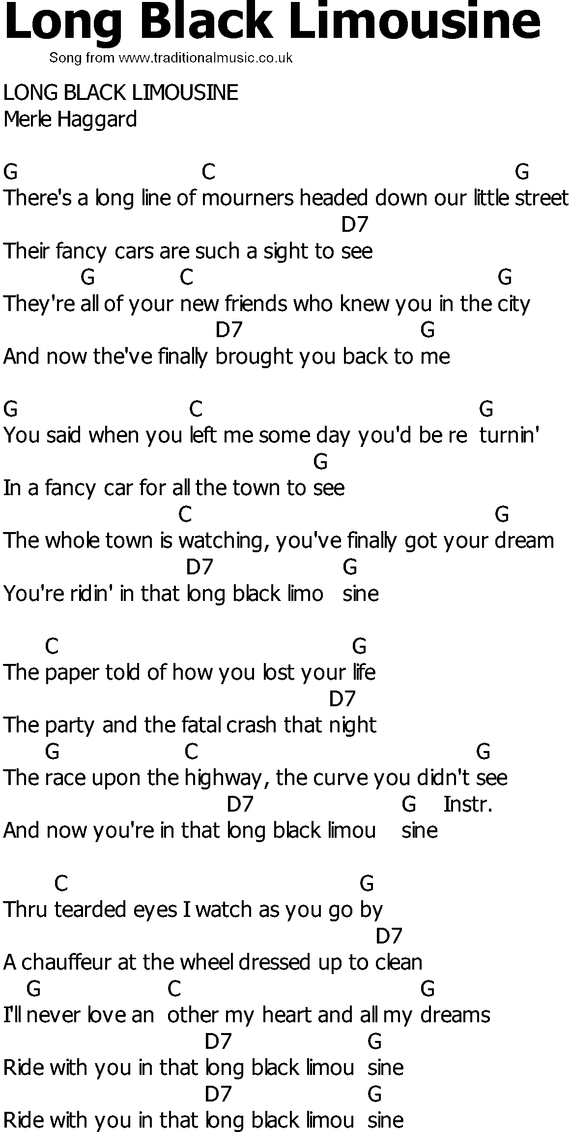 Old Country song lyrics with chords - Long Black Limousine