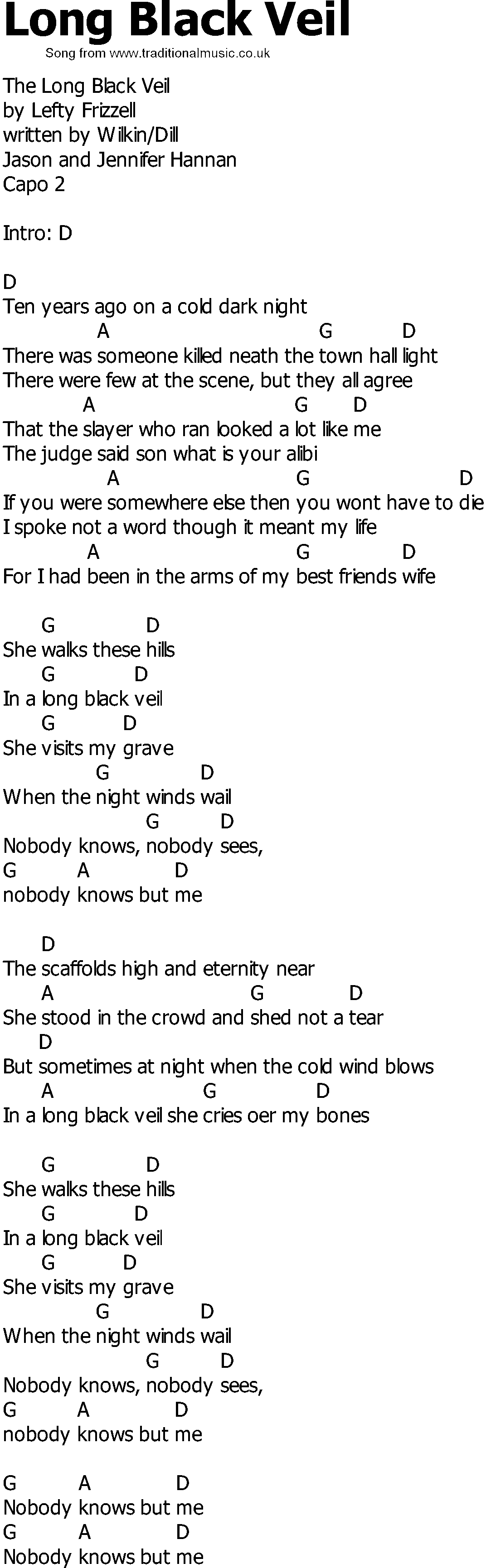 Old Country song lyrics with chords - Long Black Veil