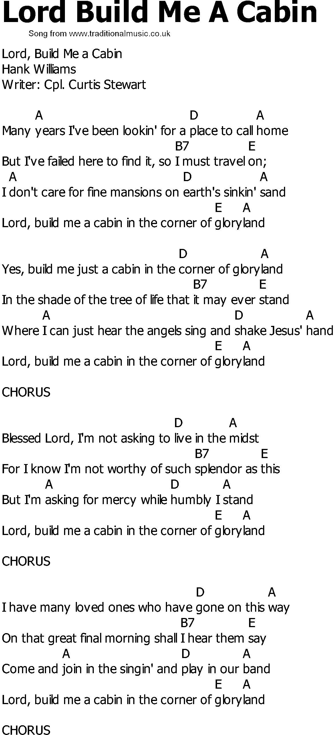 Old Country song lyrics with chords - Lord Build Me A Cabin