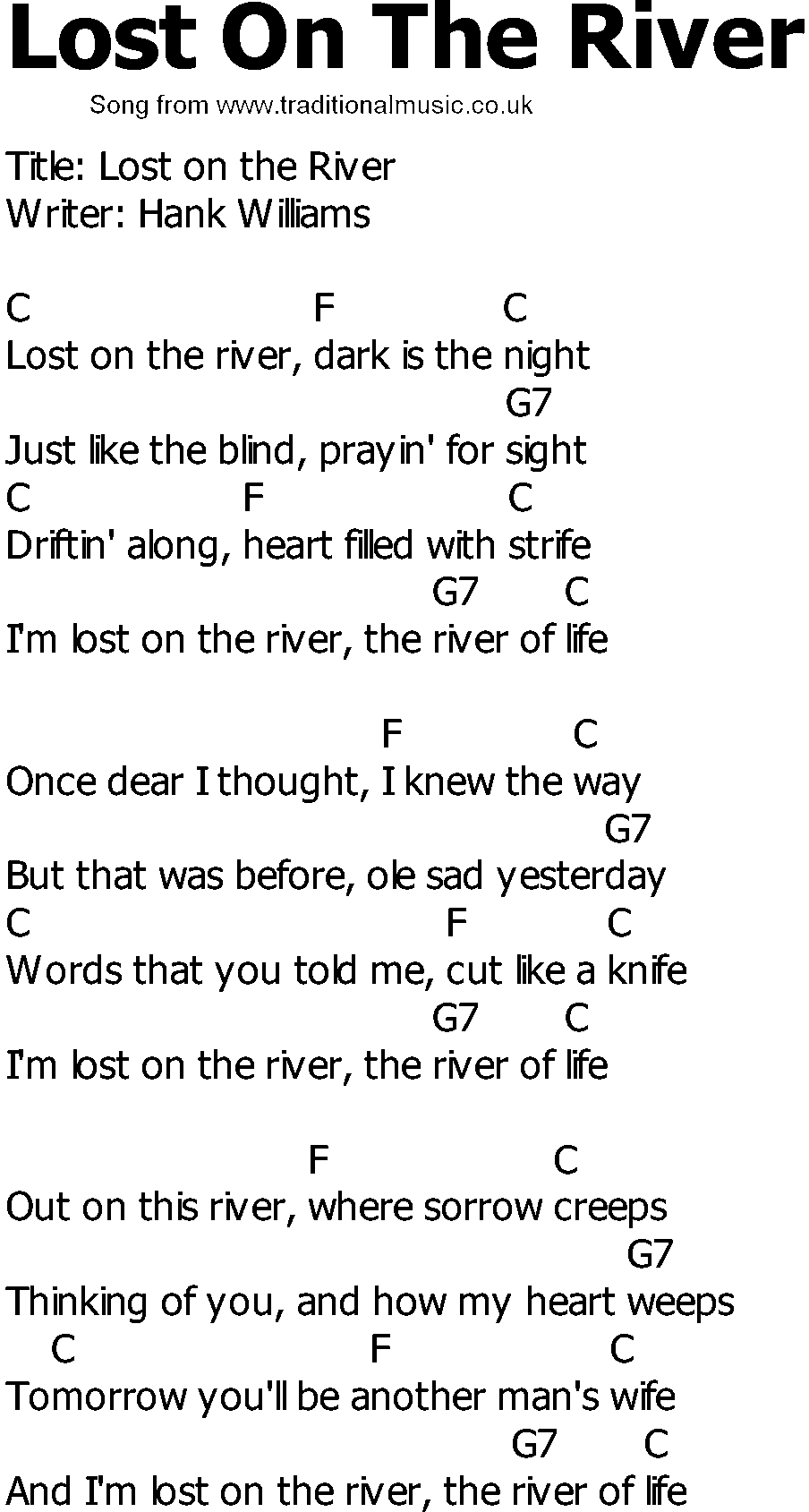Old Country song lyrics with chords - Lost On The River