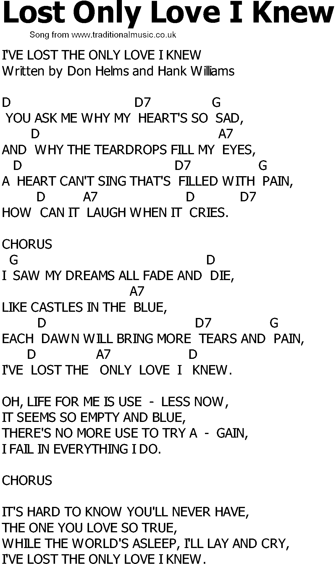 old country song lyrics with chords lost only love i knew old country