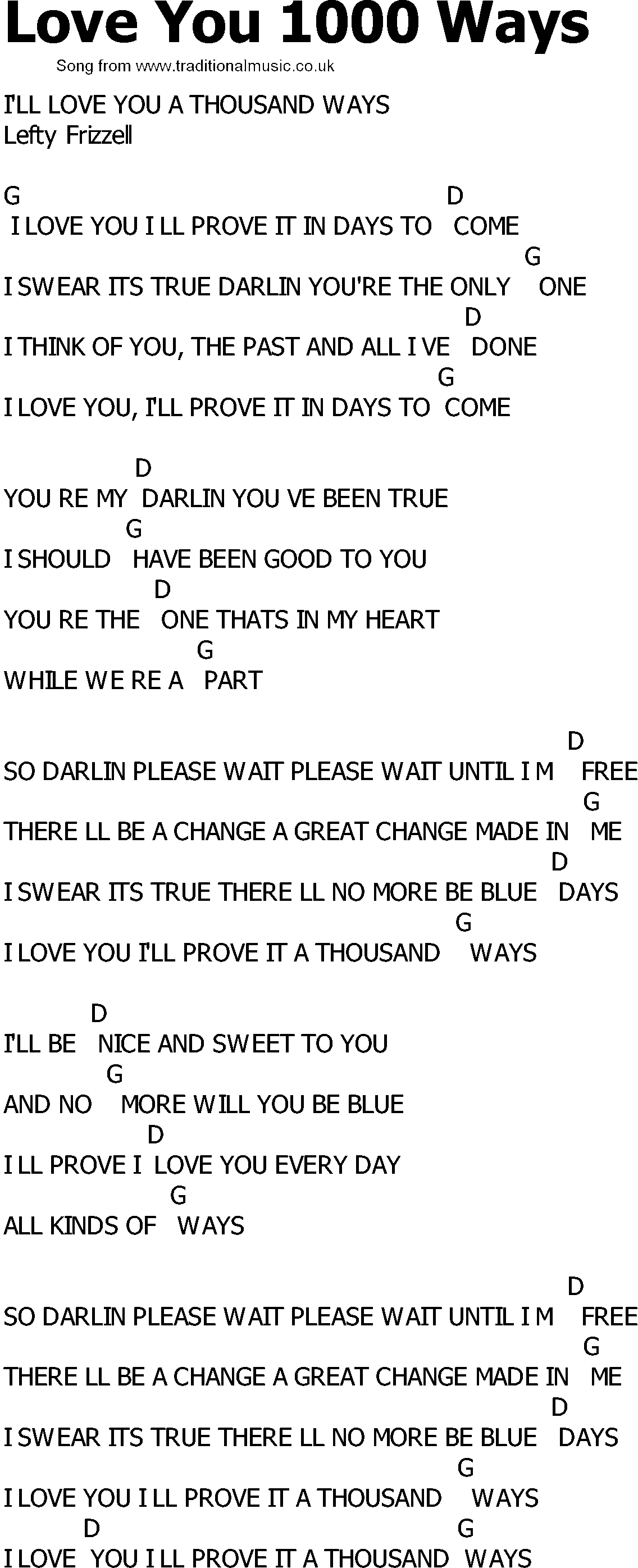 Old Country song lyrics with chords - Love You 1000 Ways