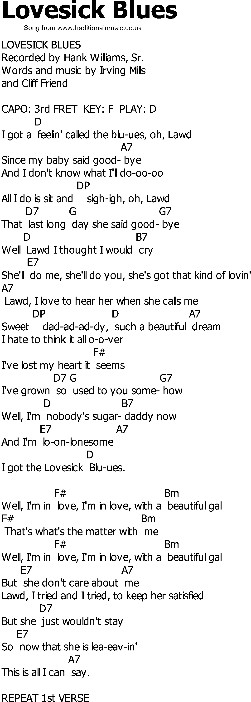 Old Country song lyrics with chords - Lovesick Blues