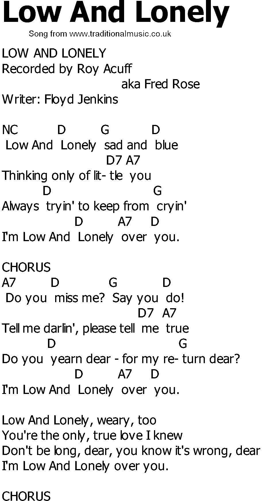 Old Country song lyrics with chords - Low And Lonely