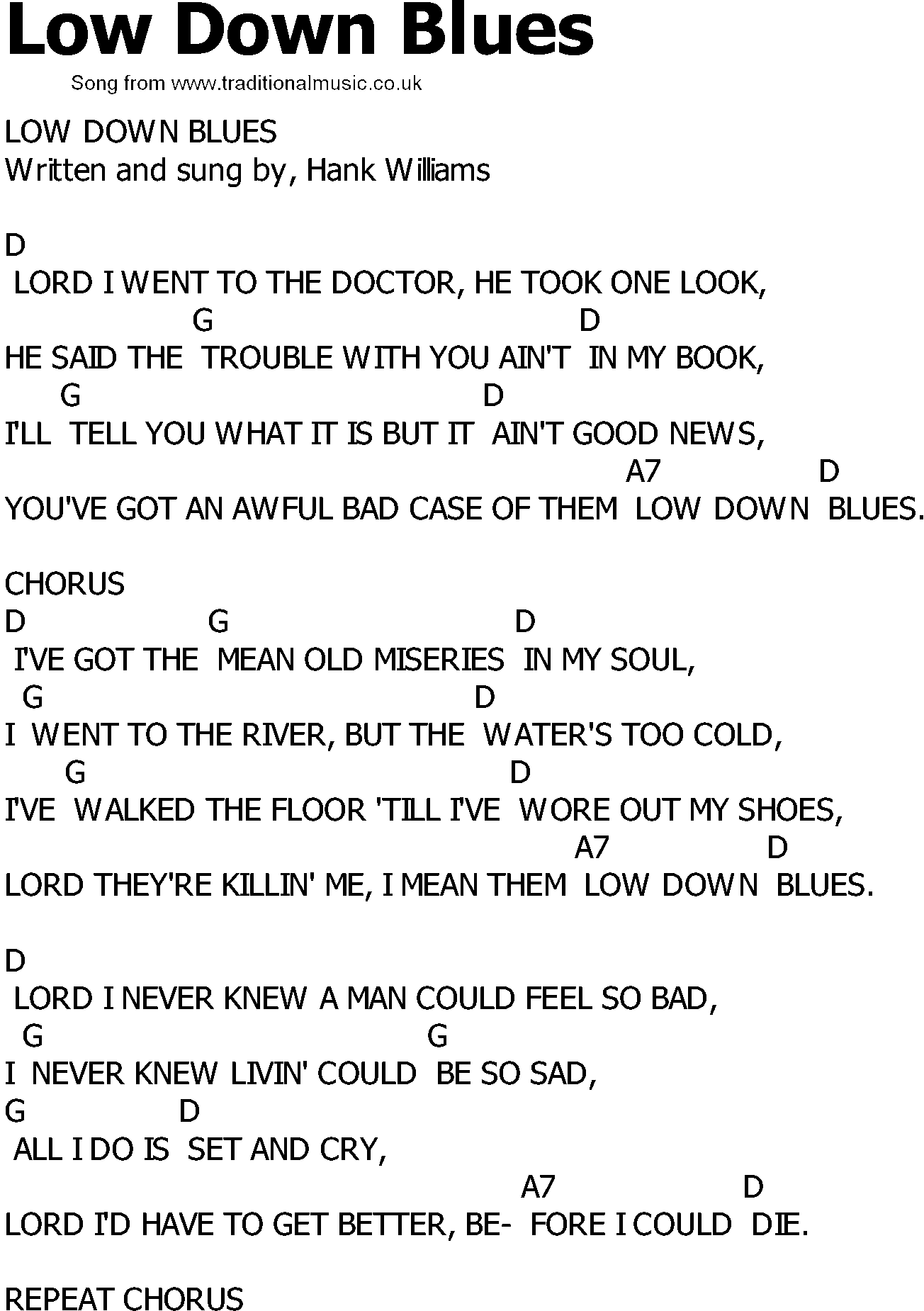 Old Country song lyrics with chords - Low Down Blues