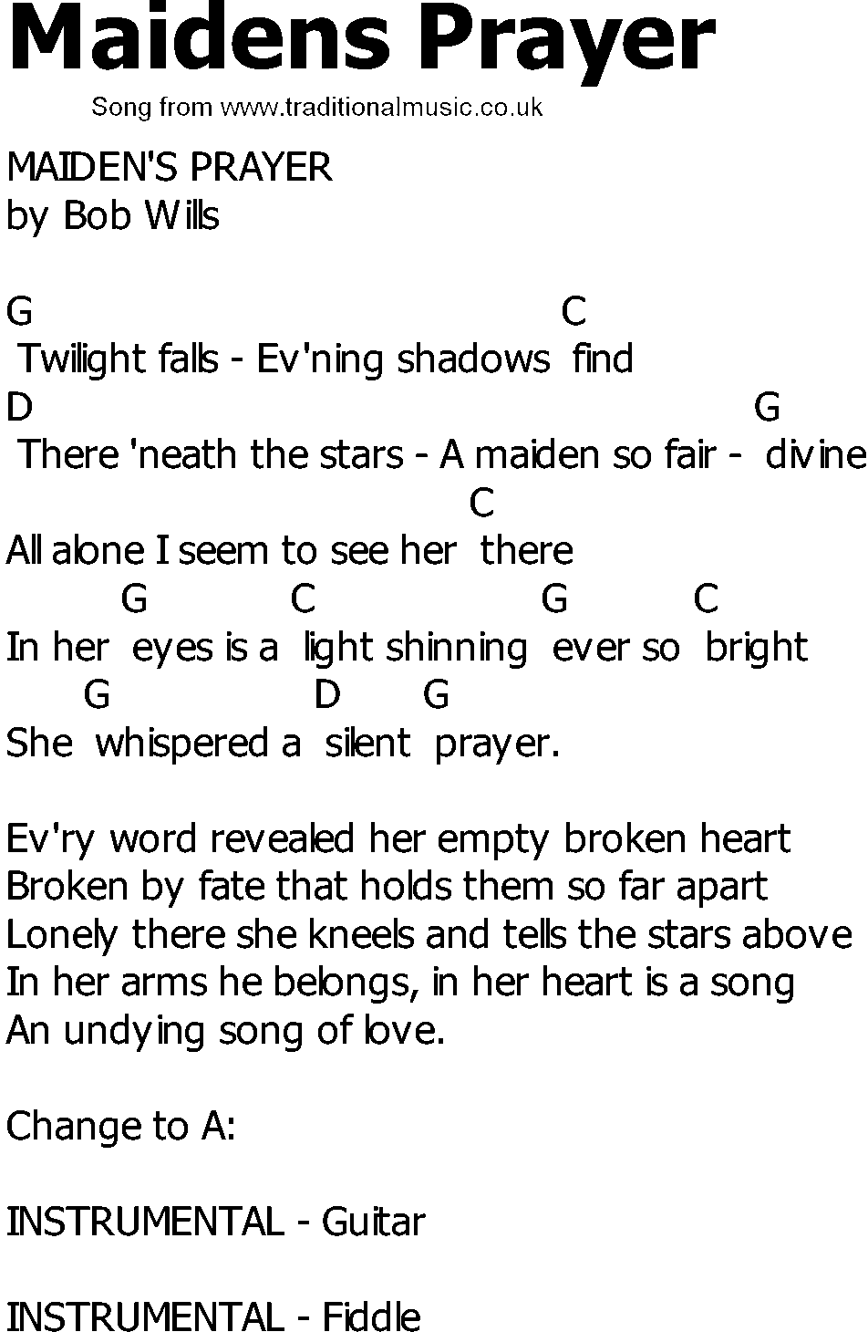 Old Country song lyrics with chords - Maidens Prayer