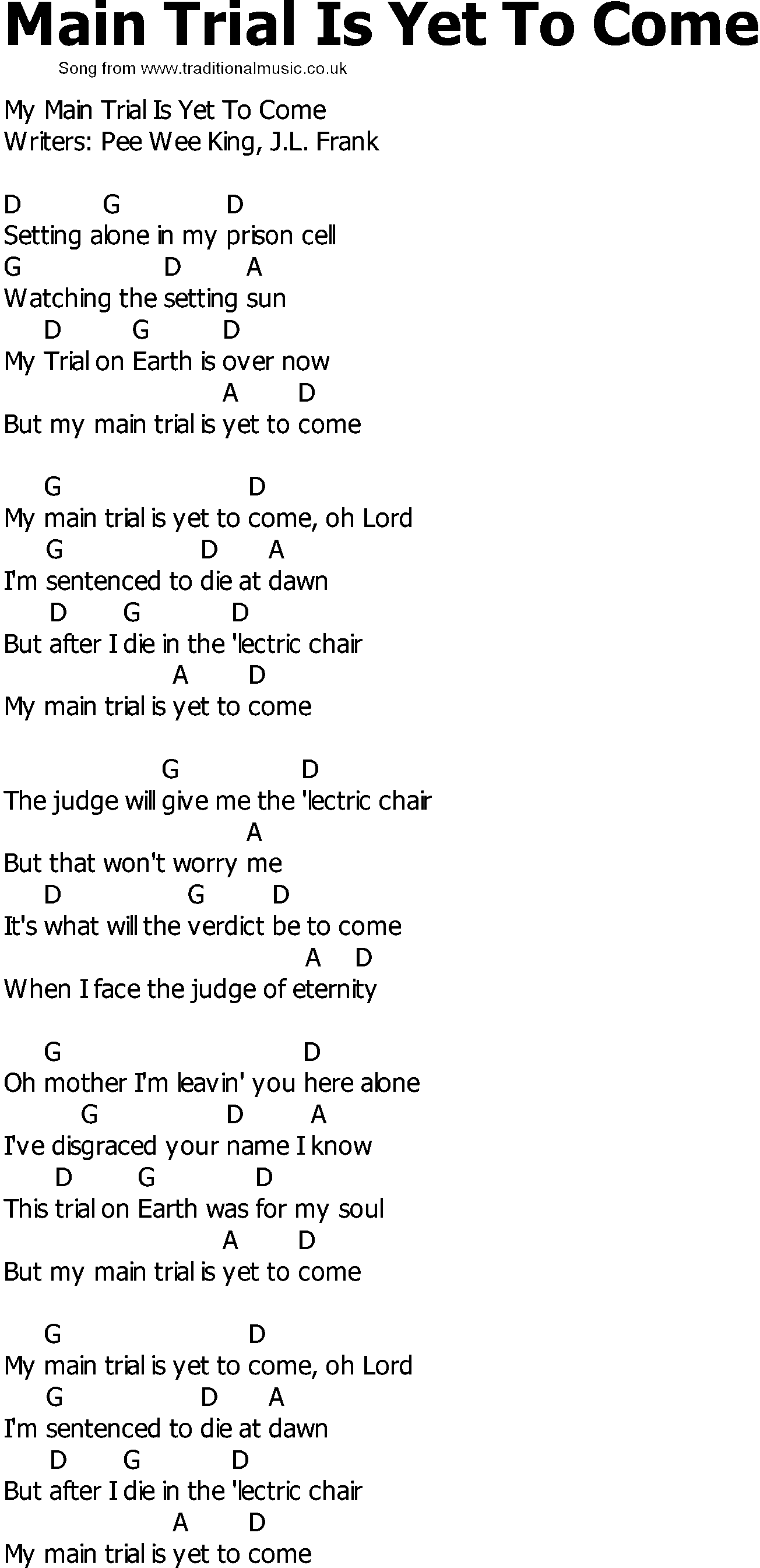 Old Country song lyrics with chords - Main Trial Is Yet To Come