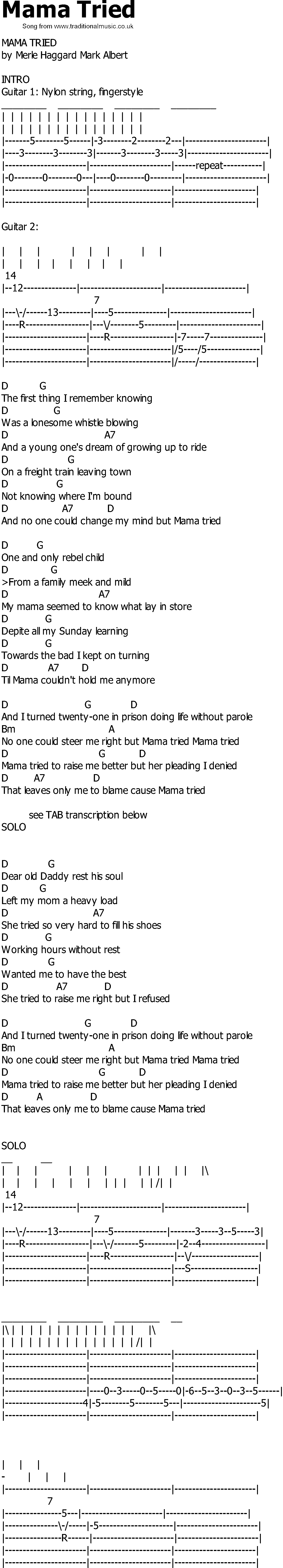 Old Country song lyrics with chords - Mama Tried