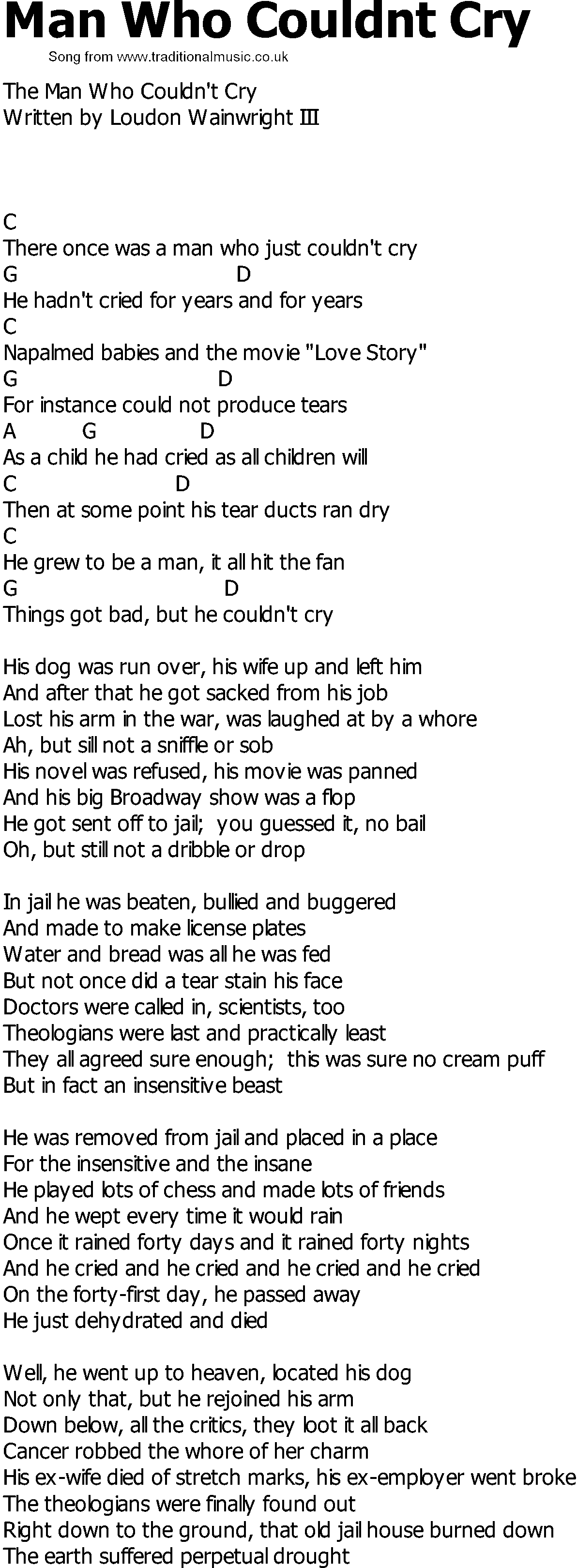 Old Country song lyrics with chords - Man Who Couldnt Cry