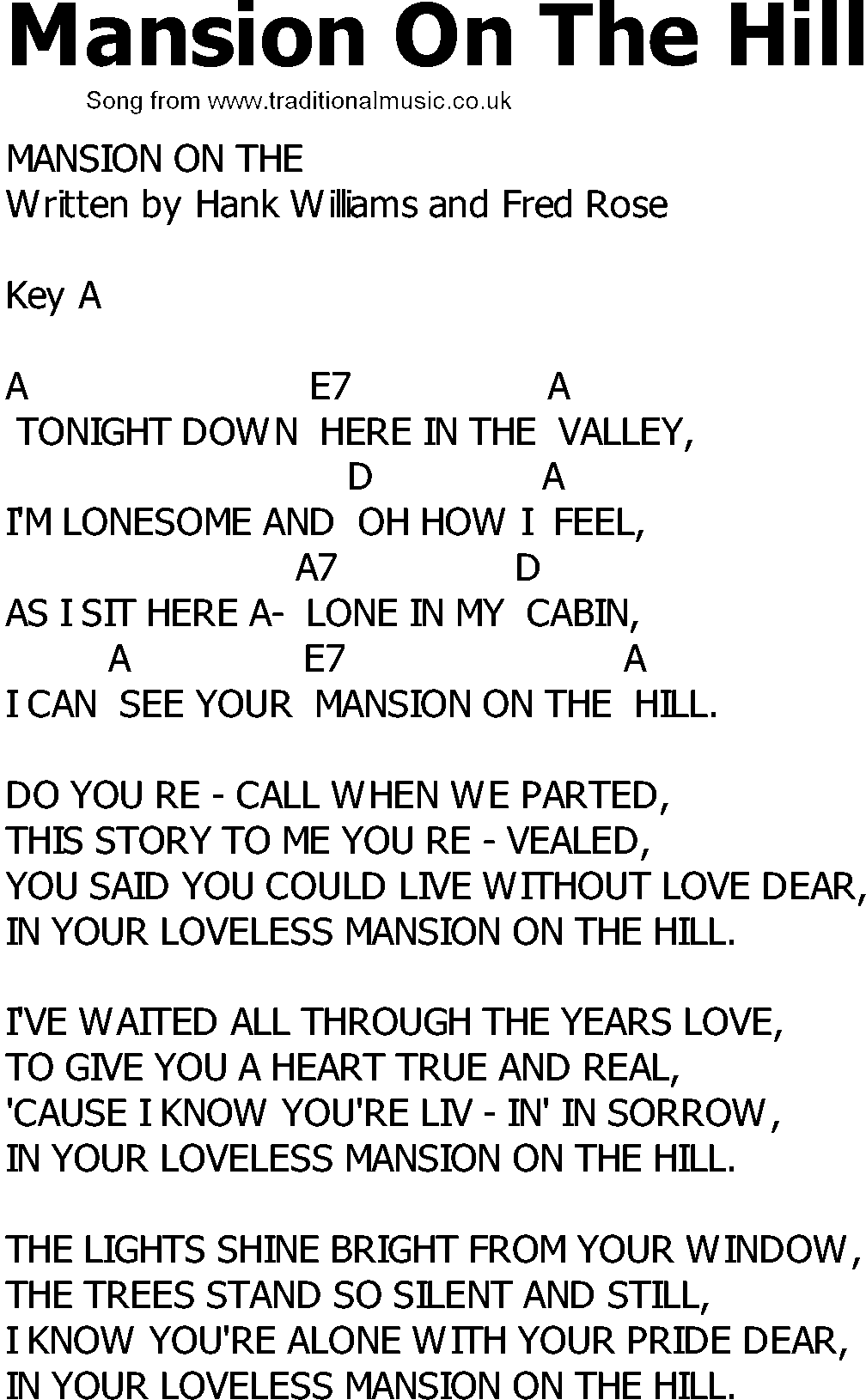 Old Country song lyrics with chords - Mansion On The Hill