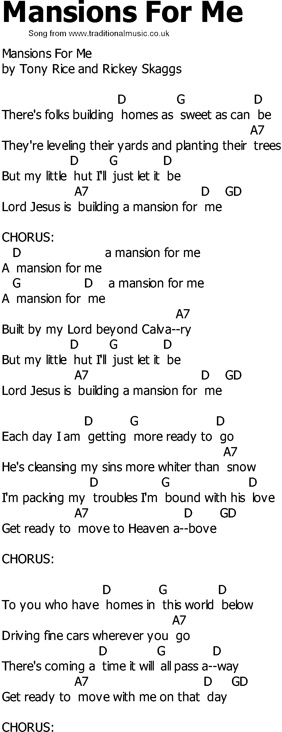 Old Country song lyrics with chords - Mansions For Me