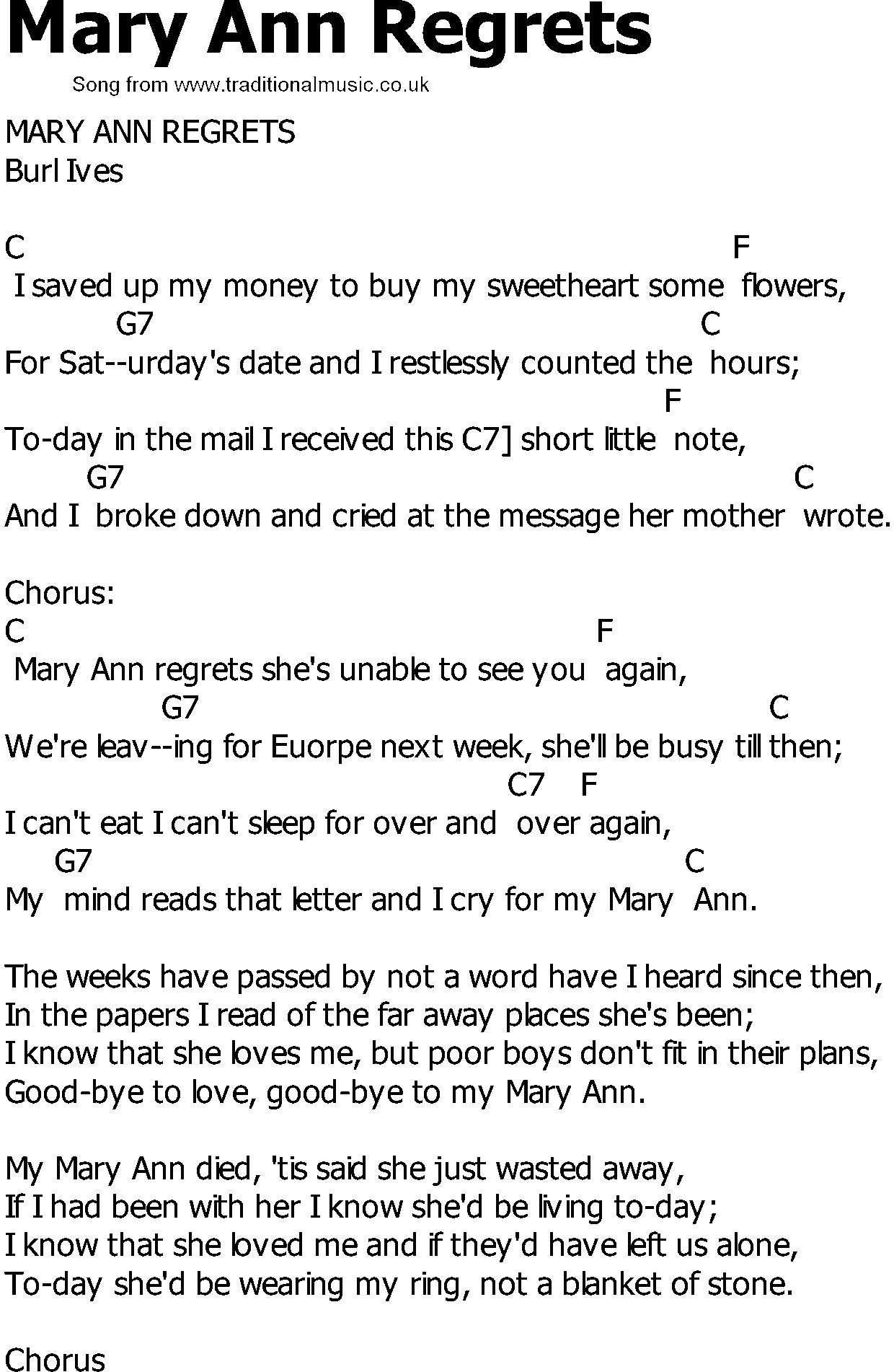 Old Country song lyrics with chords - Mary Ann Regrets