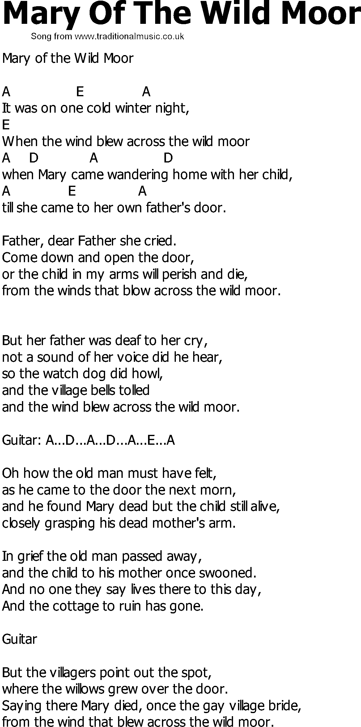 Old Country song lyrics with chords - Mary Of The Wild Moor