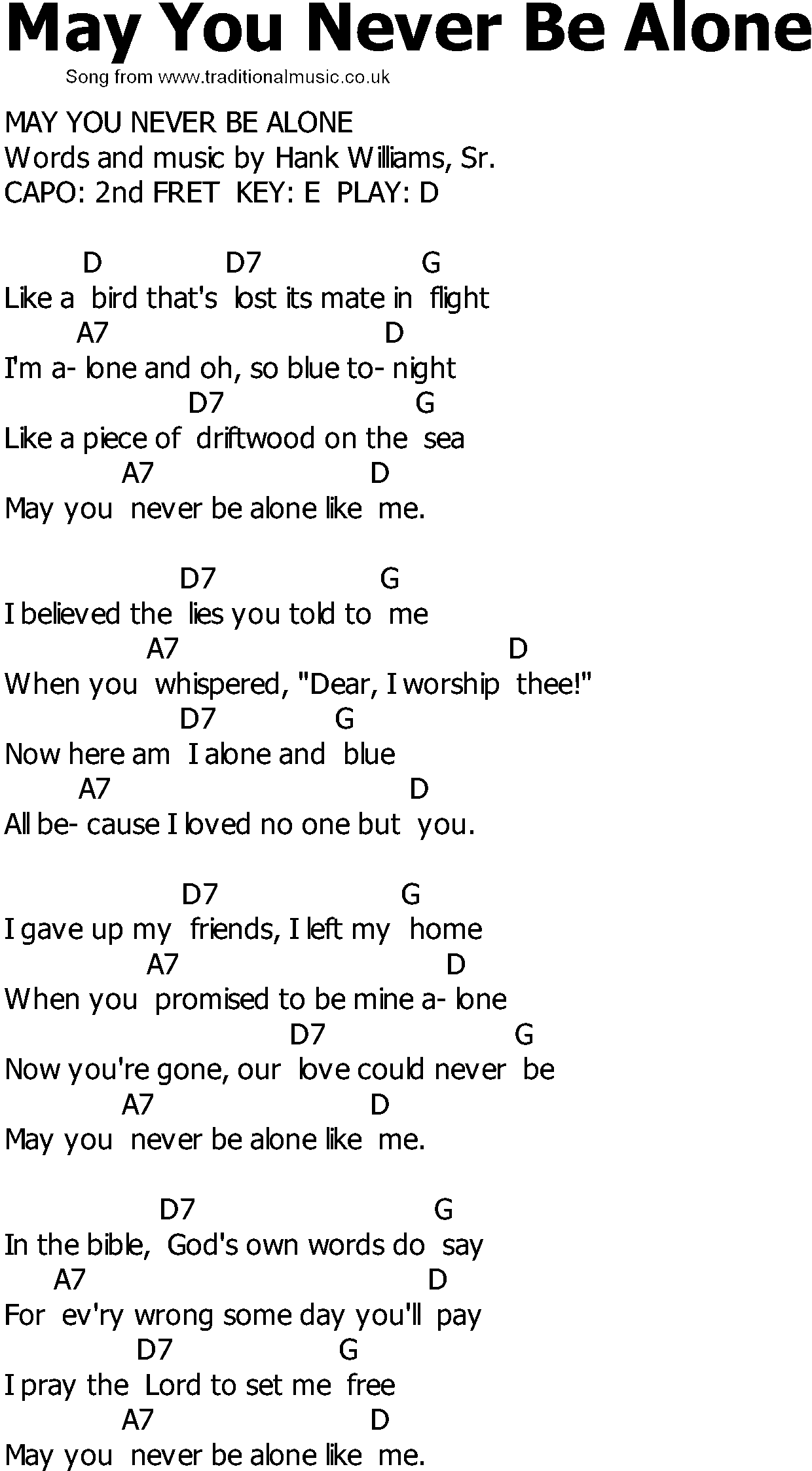 Old Country song lyrics with chords - May You Never Be Alone