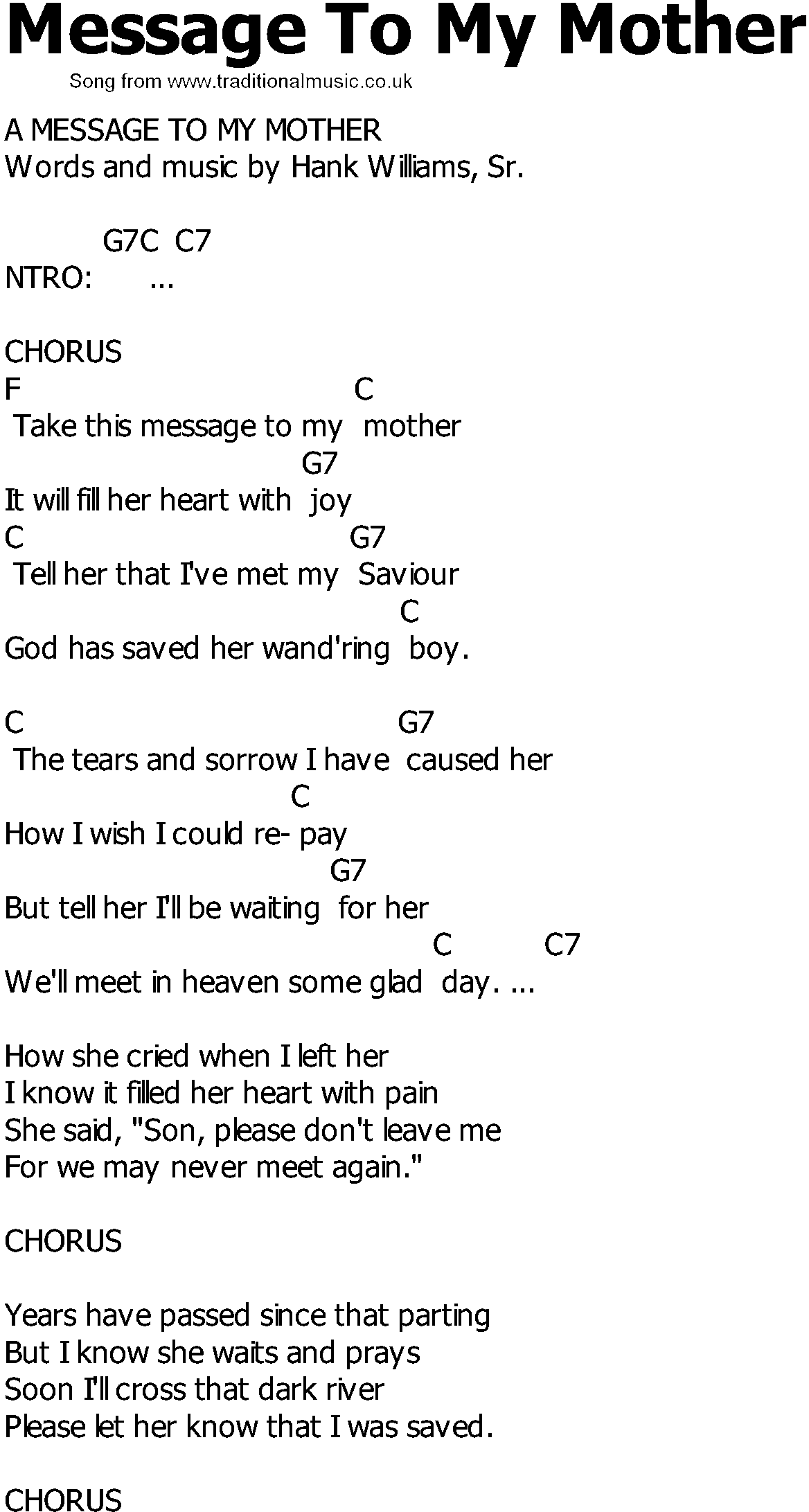 Old Country song lyrics with chords - Message To My Mother