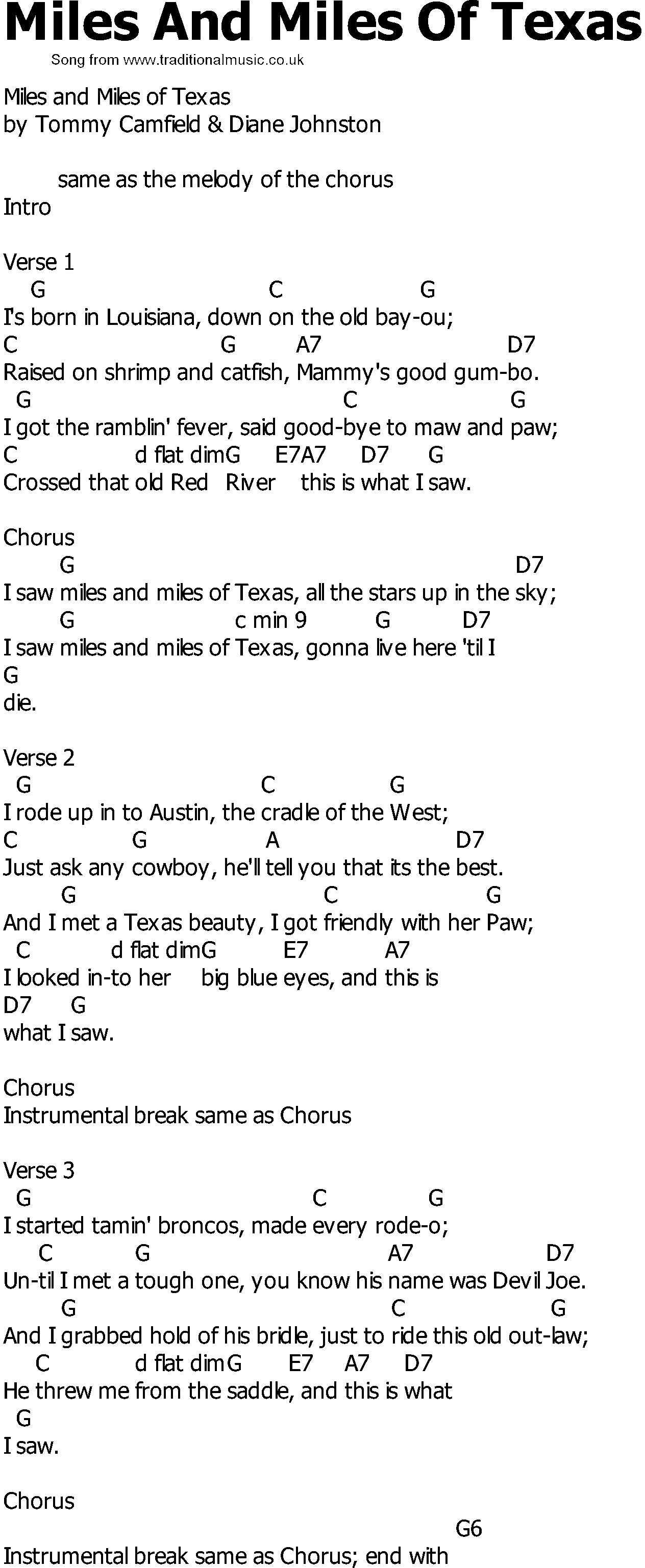 Old Country song lyrics with chords - Miles And Miles Of Texas
