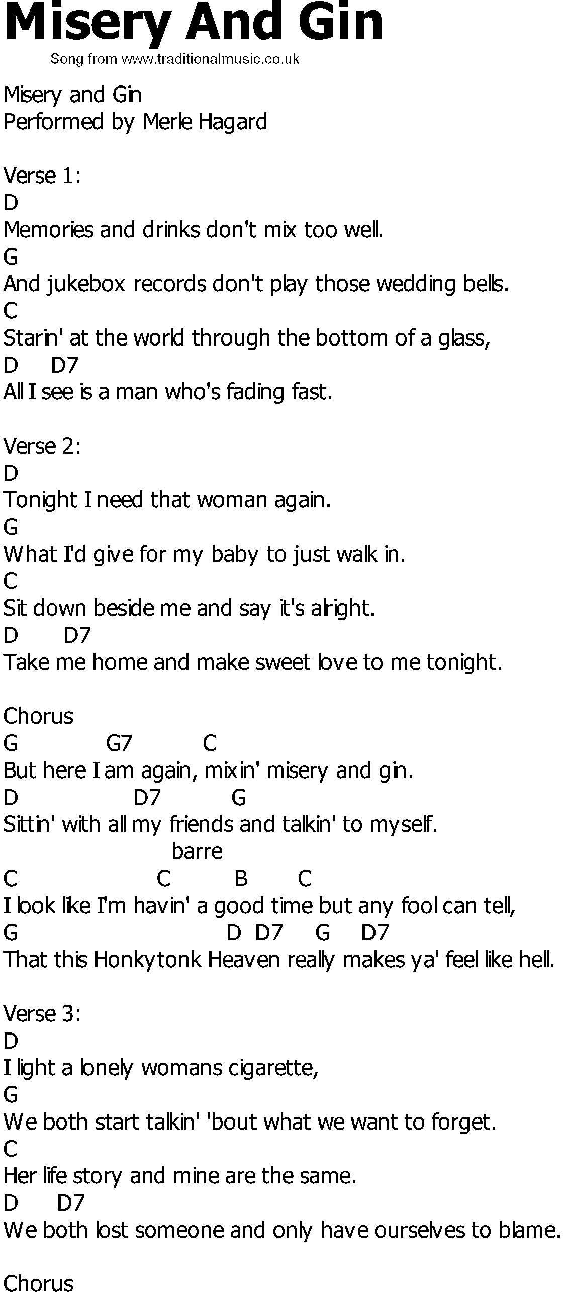 Old Country song lyrics with chords - Misery And Gin