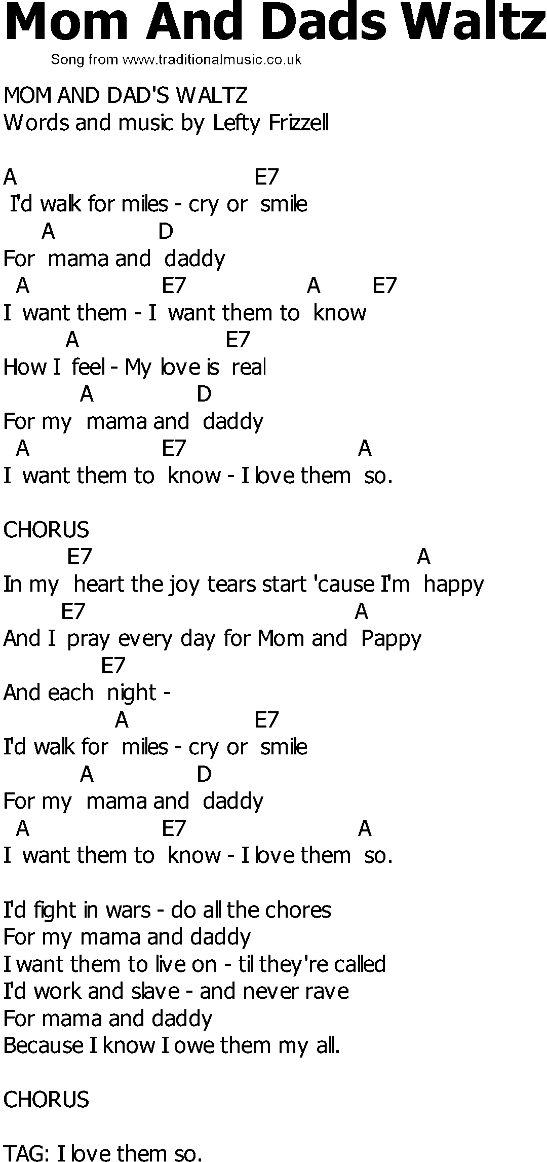 Old Country song lyrics with chords - Mom And Dads Waltz
