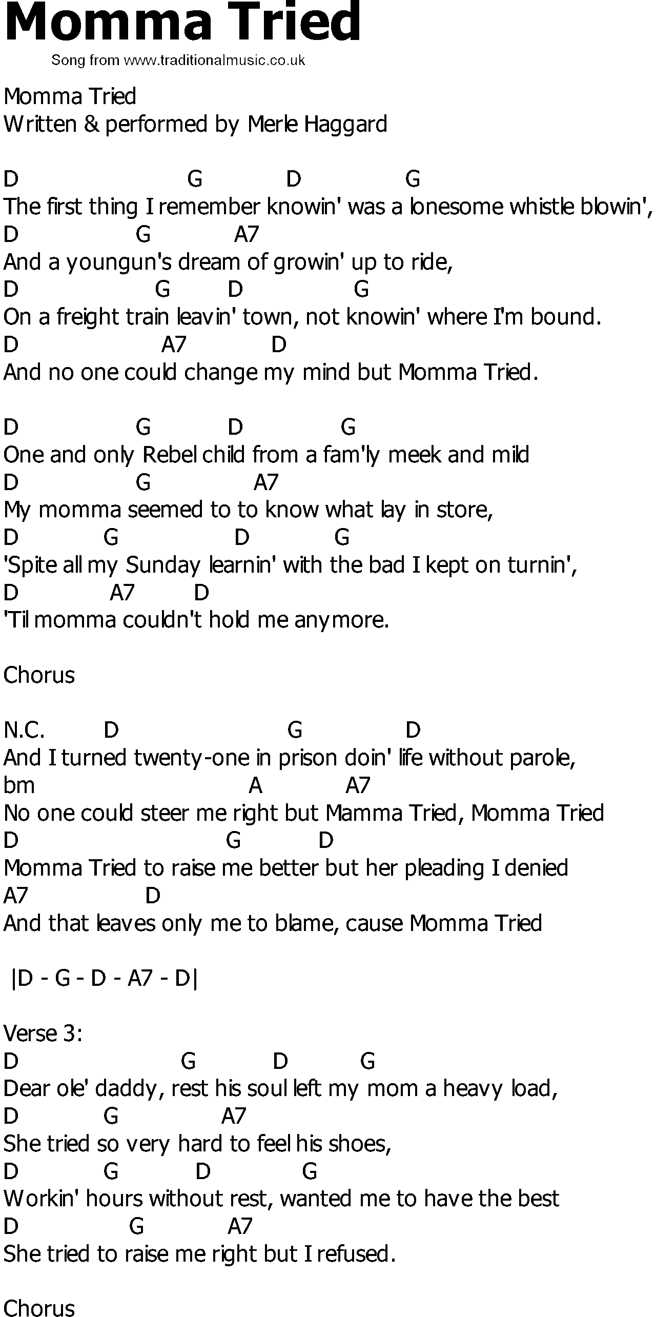 Old Country song lyrics with chords - Momma Tried
