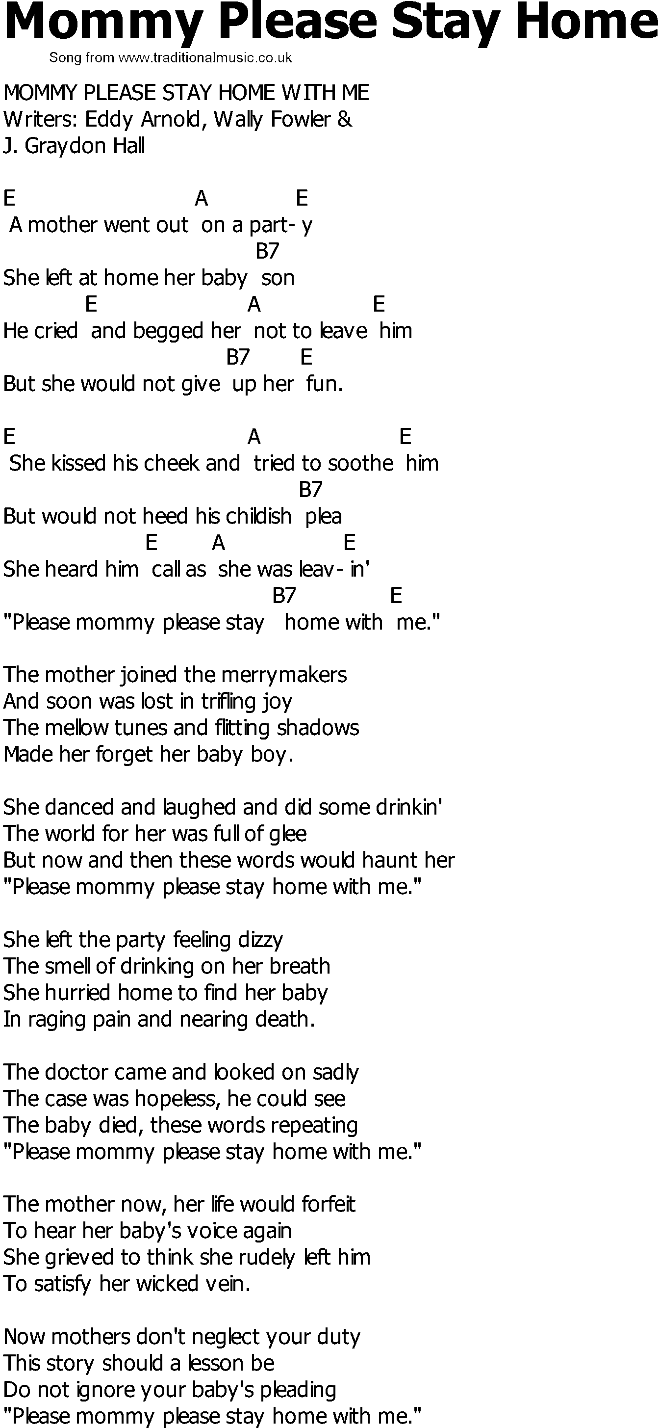 Old Country song lyrics with chords - Mommy Please Stay Home