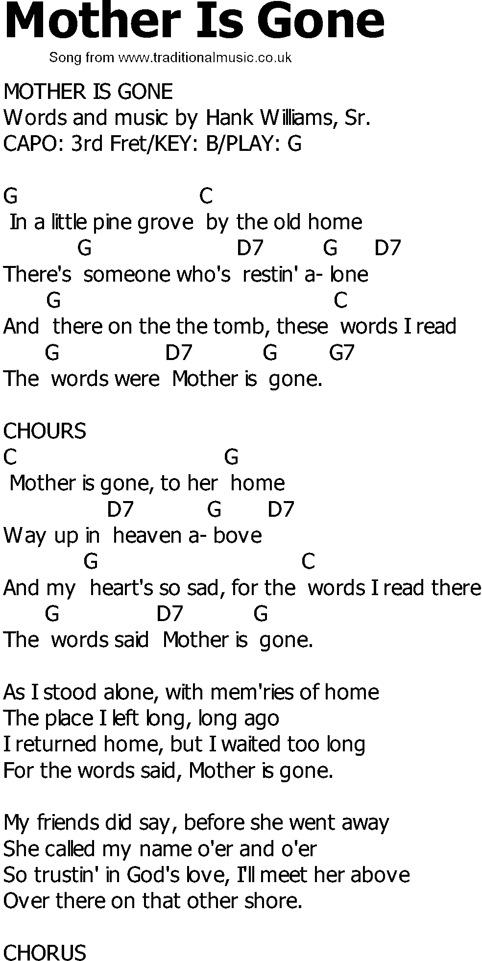 Old Country song lyrics with chords - Mother Is Gone